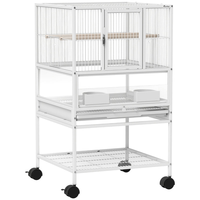 Bird Cage with Rolling Stand, Acrylic Viewing Panels, Storage Shelf