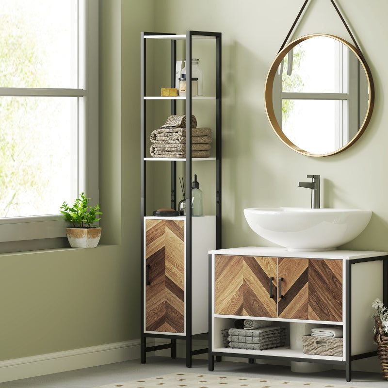 Tall Bathroom Cabinet, 3-Shelf Slim Storage Adjustable, White/Walnut
