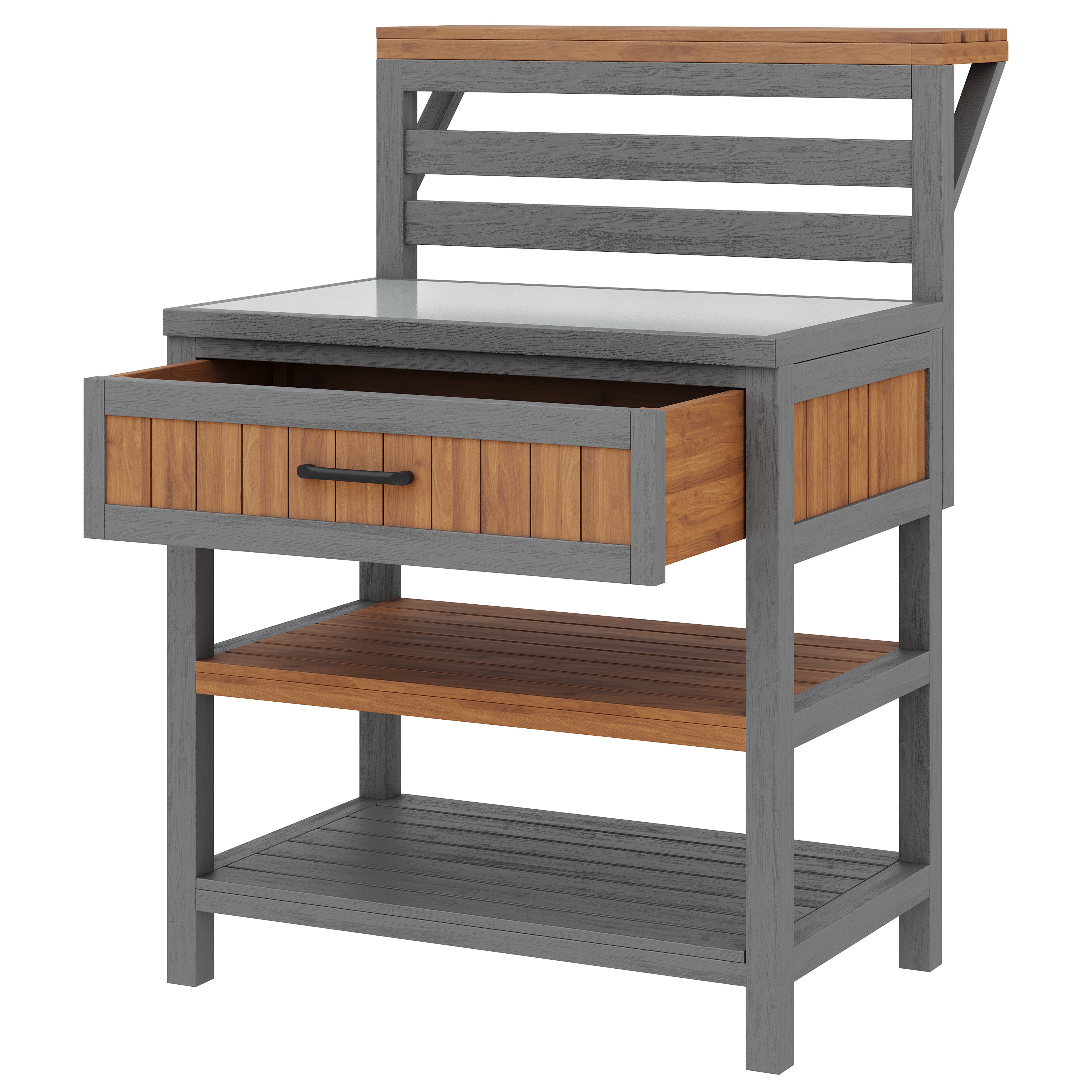 Outdoor Garden Cabinet with Stainless Steel Worktop and Large Drawer, Weatherproof Wood