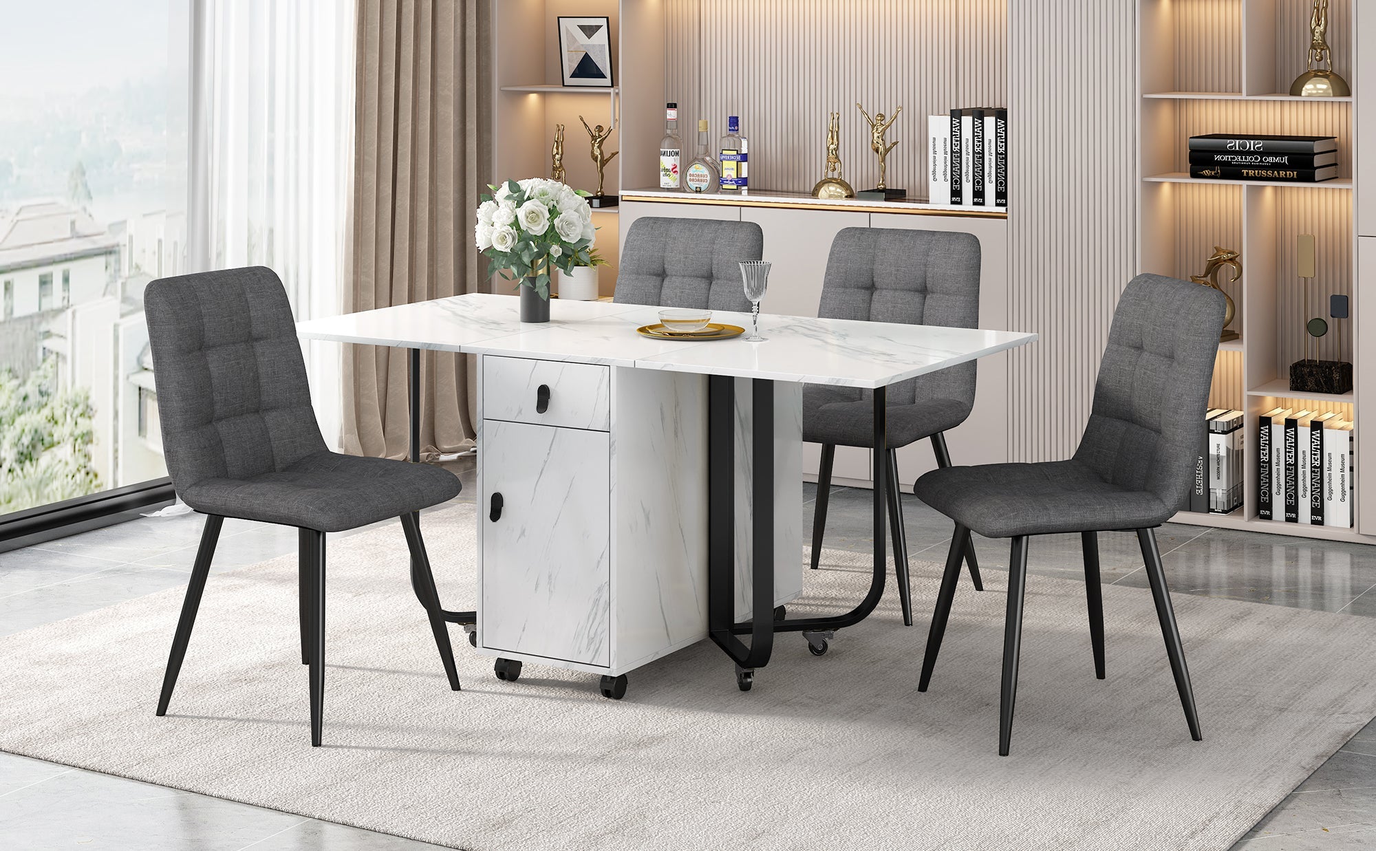 Dining Set 5-Piece Folding Kitchen Table Upholstered Linen Chair White MDF/Black Legs