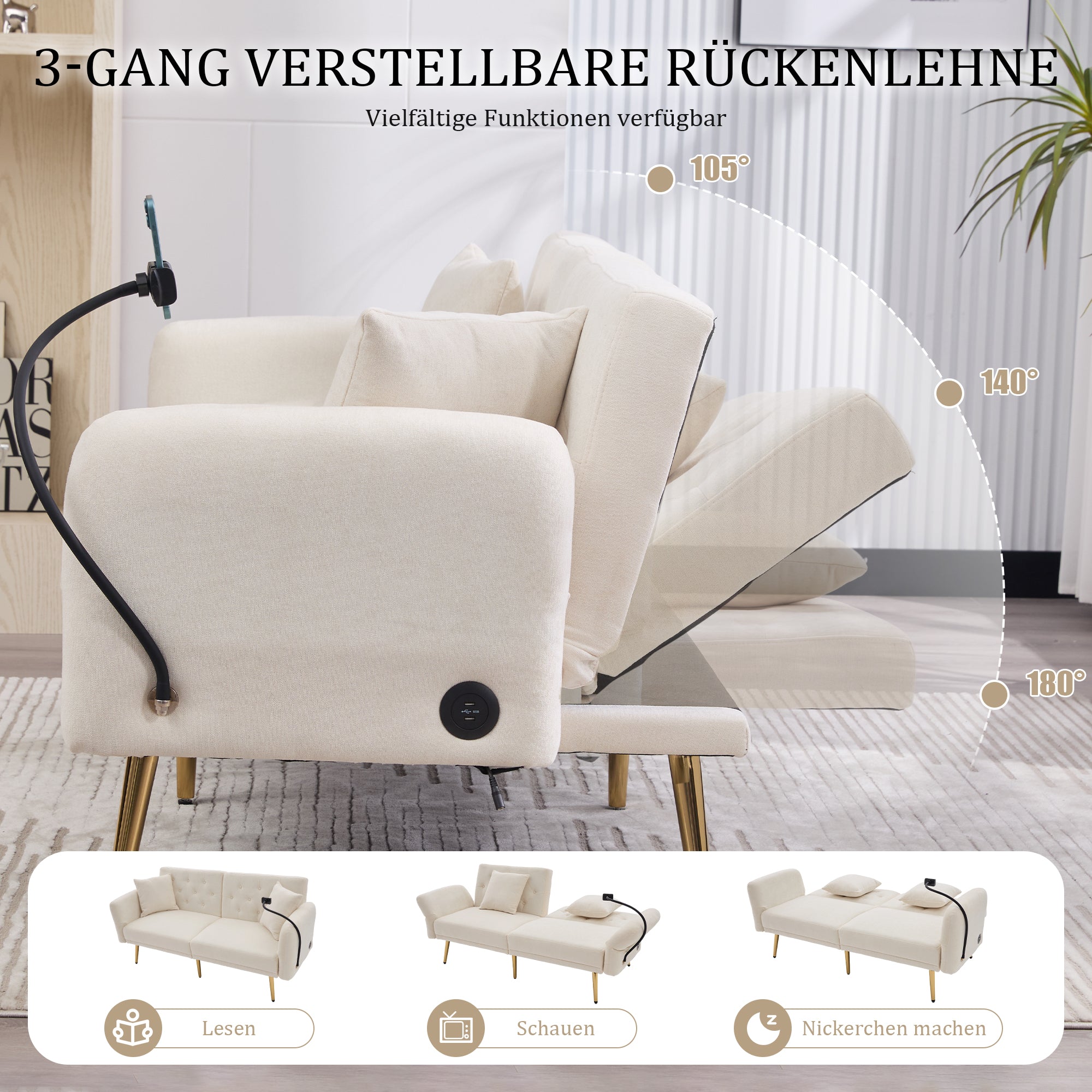 Sofa Bed, Multifunctional Adjustable Backrest USB Ports Phone Holder Metal Legs, Metal