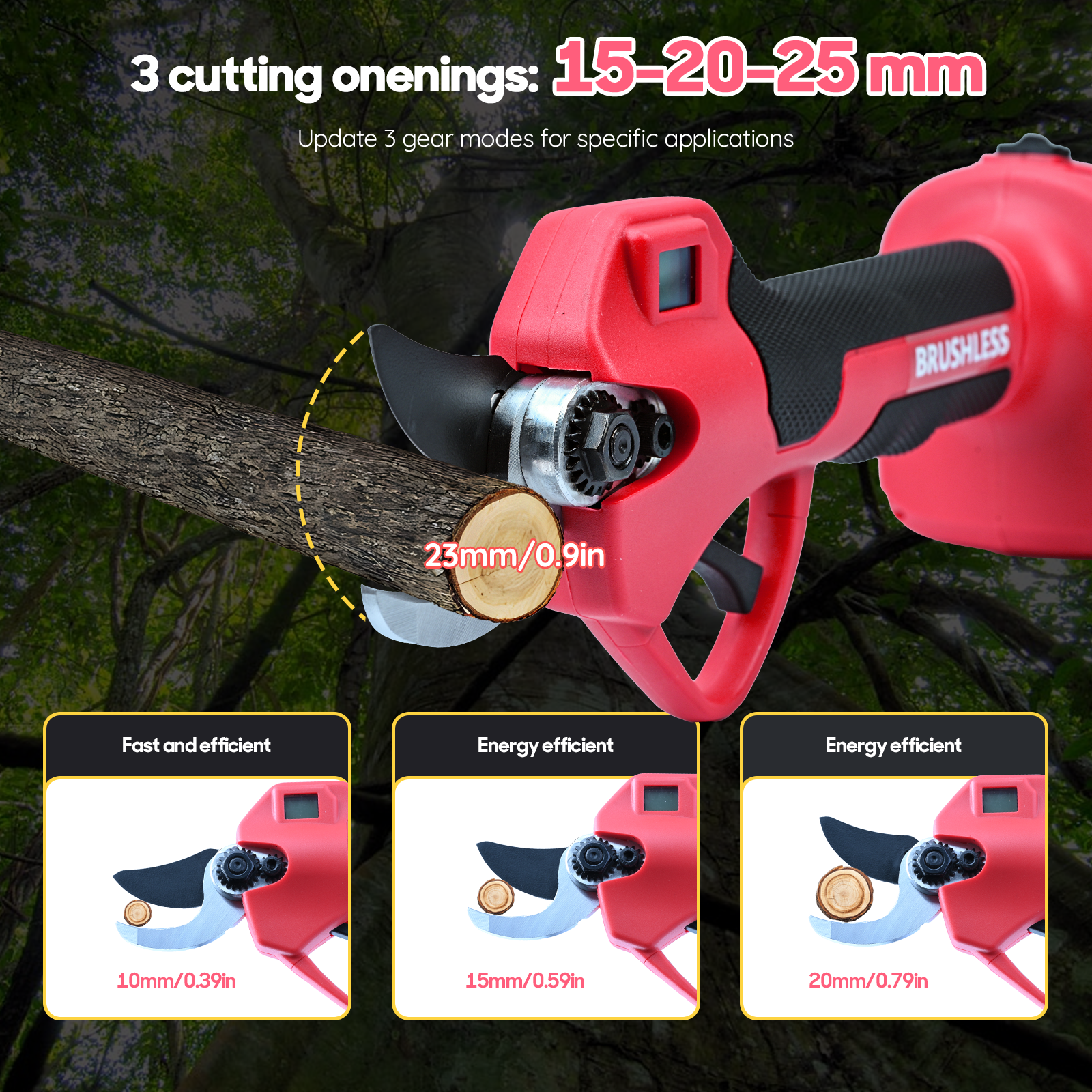 Electric Pruning Shears 3000 lbs, 3 Modes (15/20/25 mm), 228.6 cm Telescopic Pole, 2x2000mAh Battery, 300W Motor