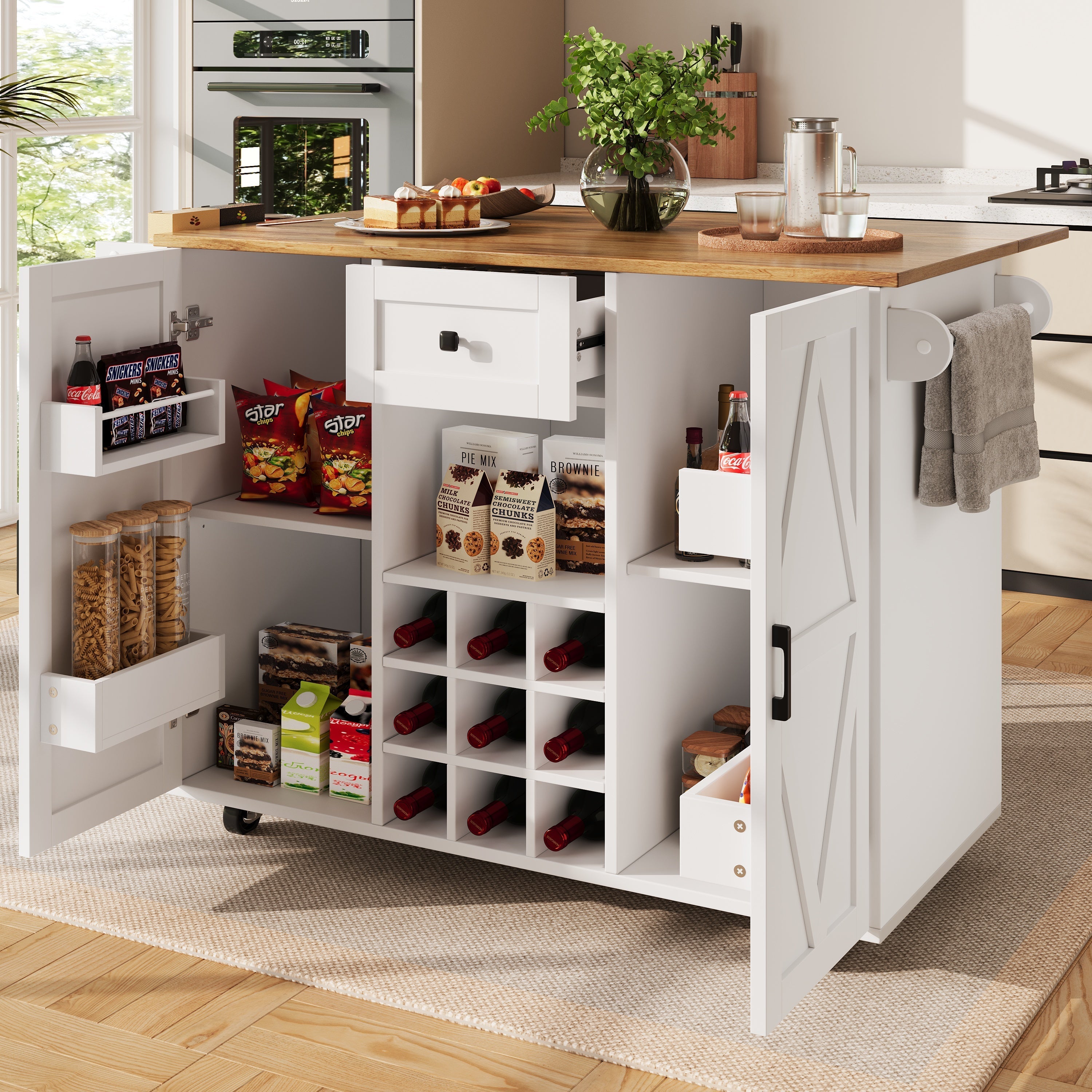 Kitchen Island Dining Cart Extendable Multifunctional Storage - Wood Grain