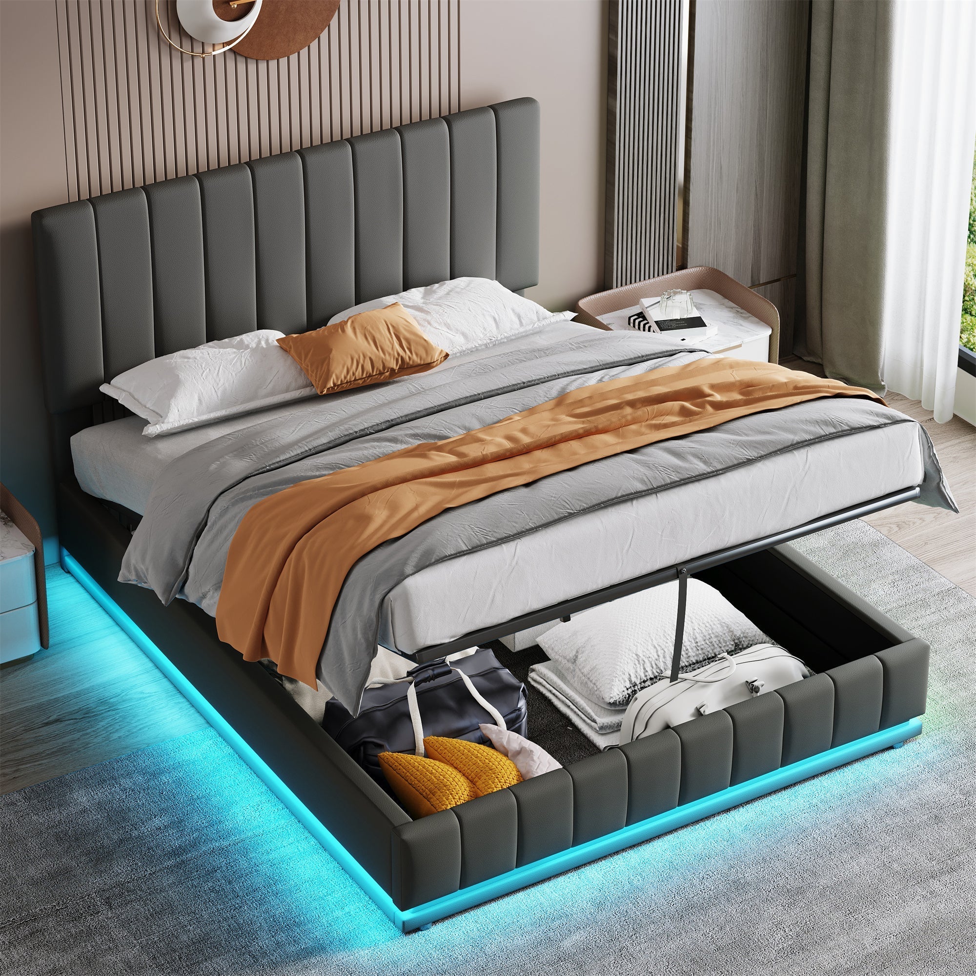 Ottoman Double Bed, LED, Hydraulic Storage, 4ft6, Grey PU Leather