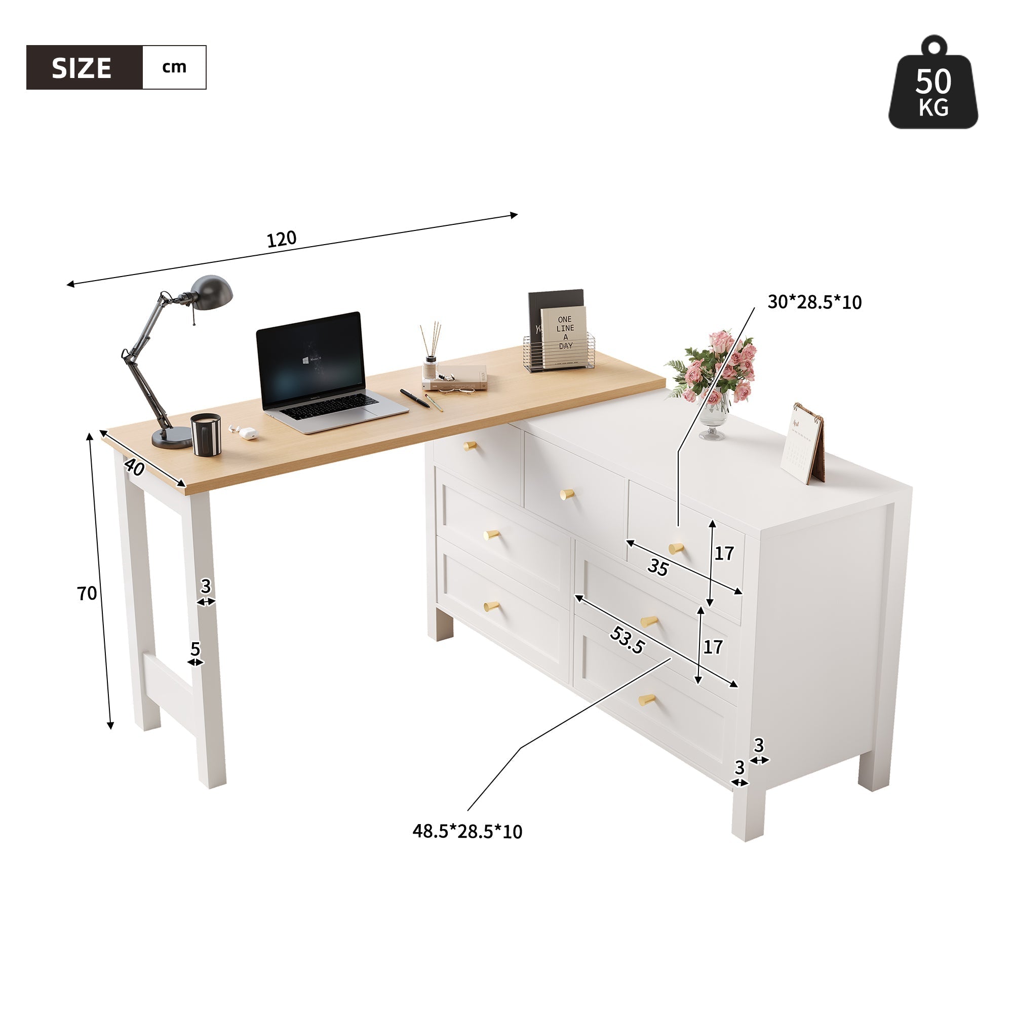 Desk, 7-Drawer 2-in-1 Rotating Workbench Sideboard, White/Natural Oak Look