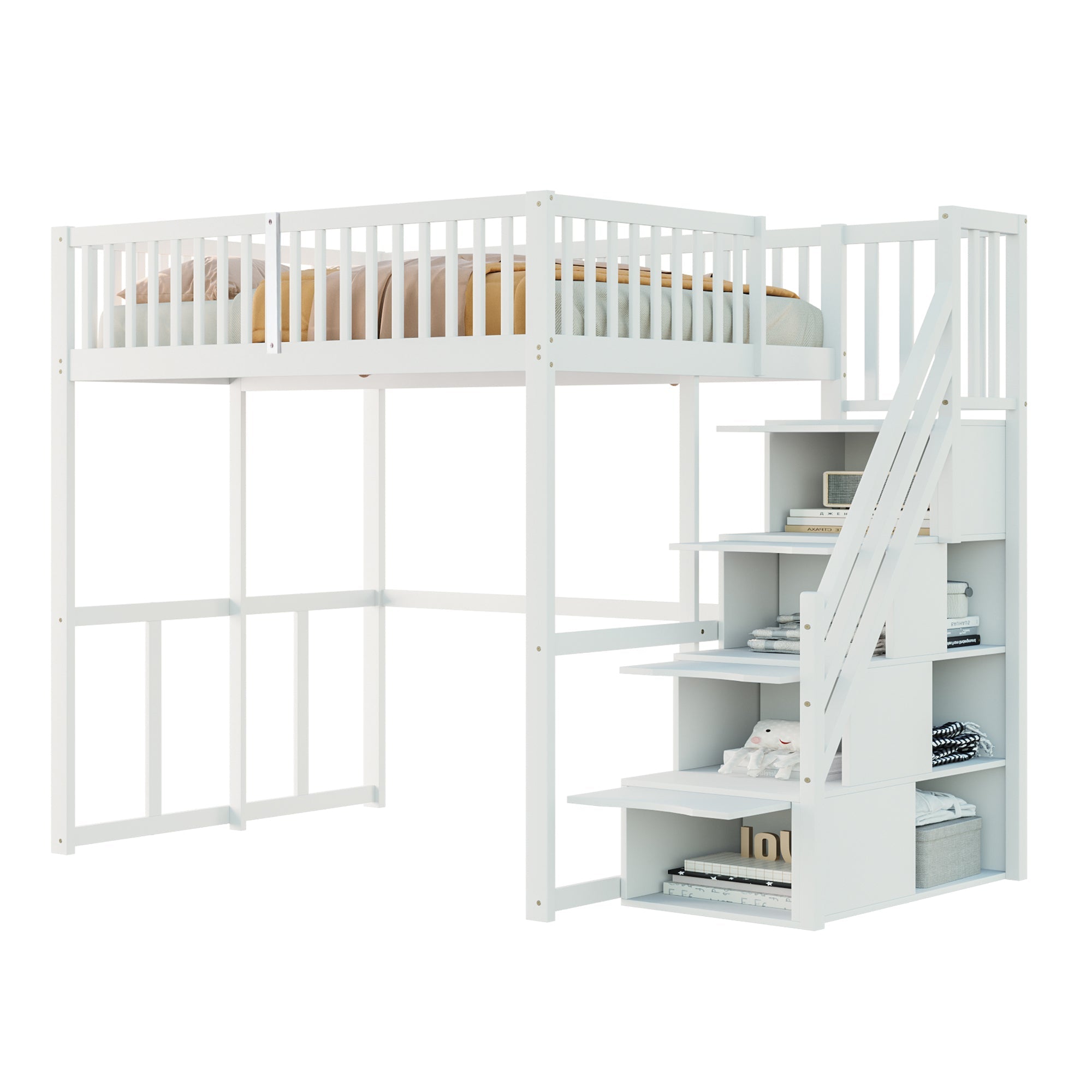 Loft Bed 140x200cm with Safety Storage Ladder and Railing, White Solid Pine Wood