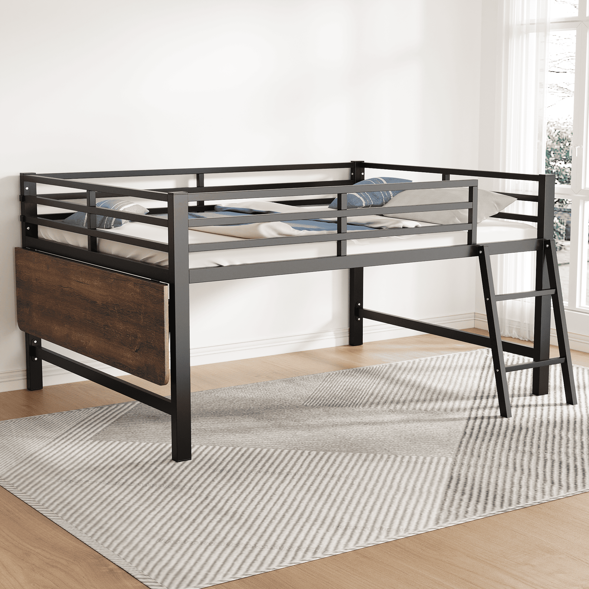Flatbed Metal Bed 140x200cm Desk Ladder LED Light - Black