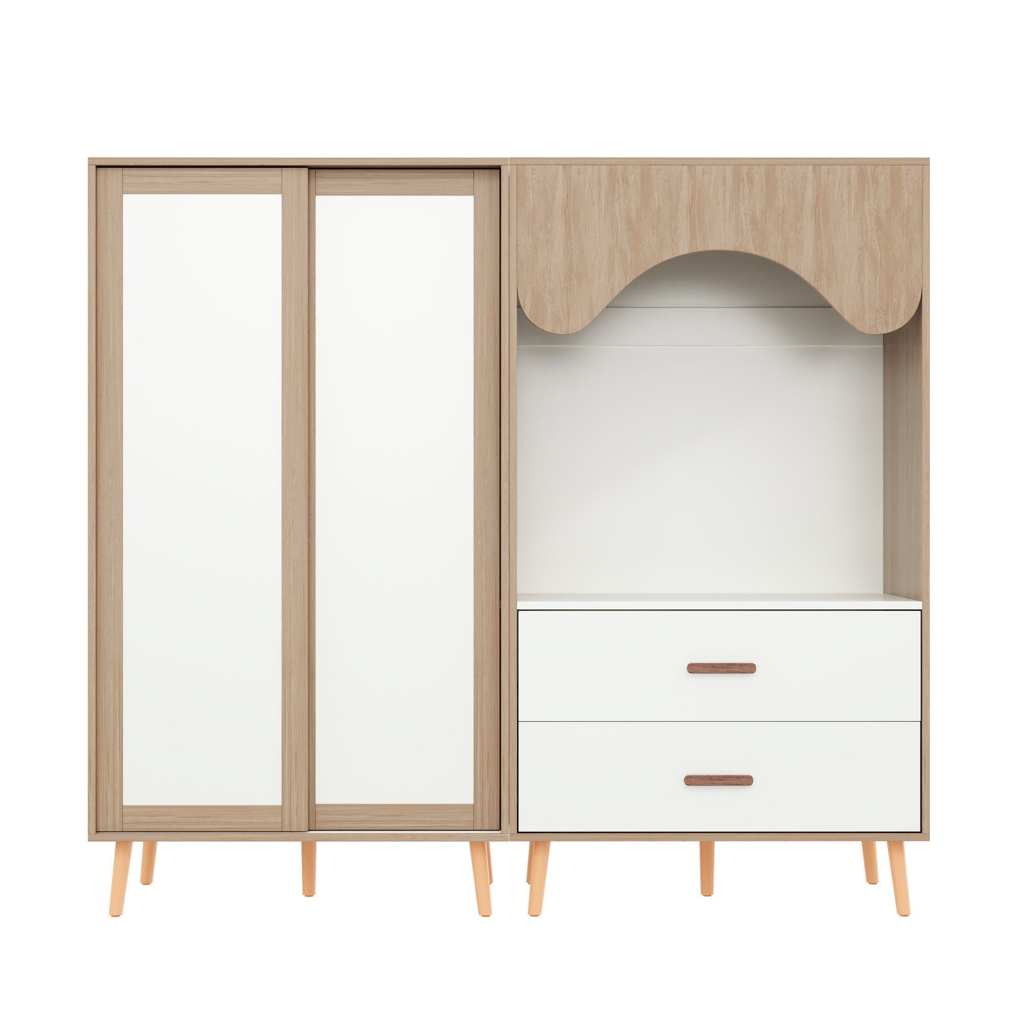 Children's Wardrobe, Sliding Door + Open Combination, 141.5cm, White + Natural Wood