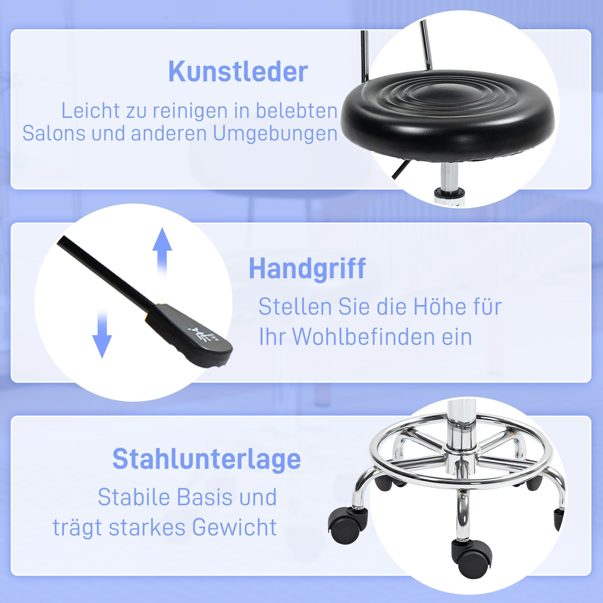 Rolling Stool, Height-Adjustable Swivel with Backrest & Wheels, Faux Leather Black