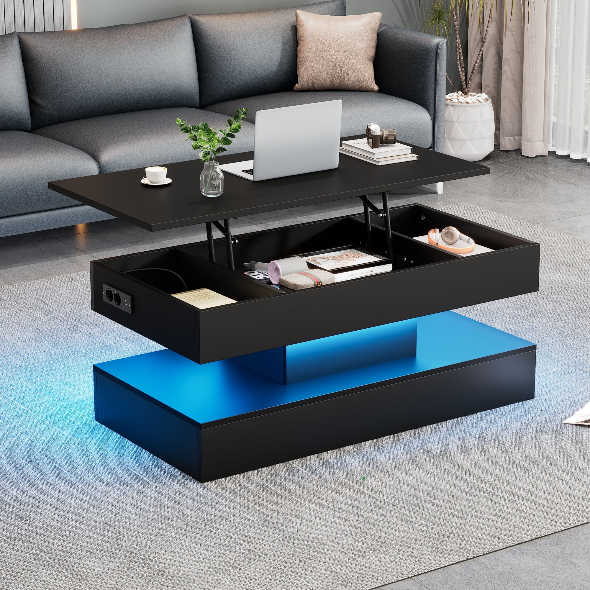 Modern Coffee Table with LED Lighting, Hidden Storage & Hydraulic Lift