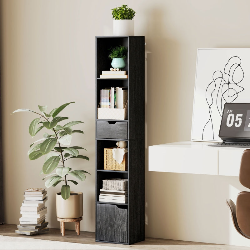 6-Tier Bookcase Narrow Shelves with Drawer and Door - Black