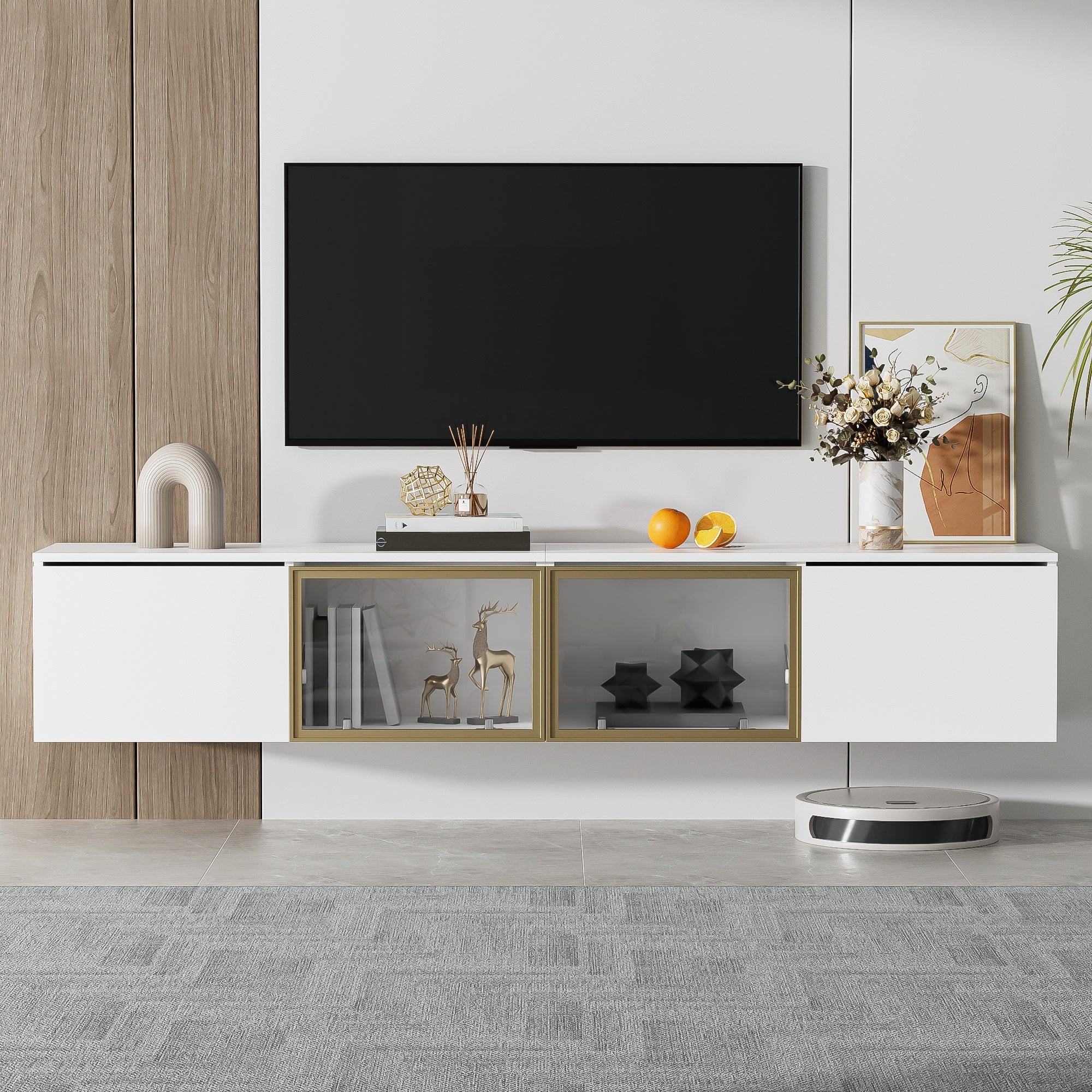 TV Cabinet 170cm Minimalist Style, Floor and Wall Mounted, 4 Doors (2 Glass Doors), White