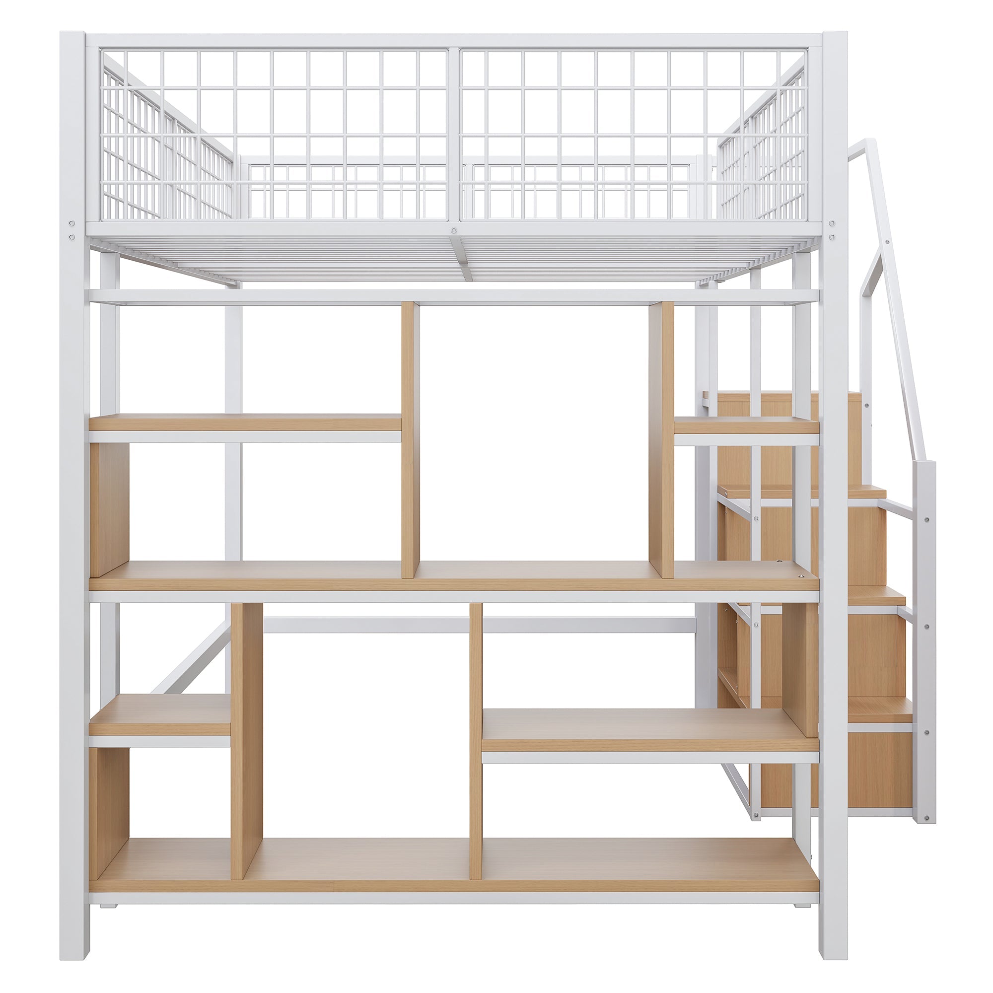 Loft Bed 140x200cm Storage Shelves Stairs - White Metal