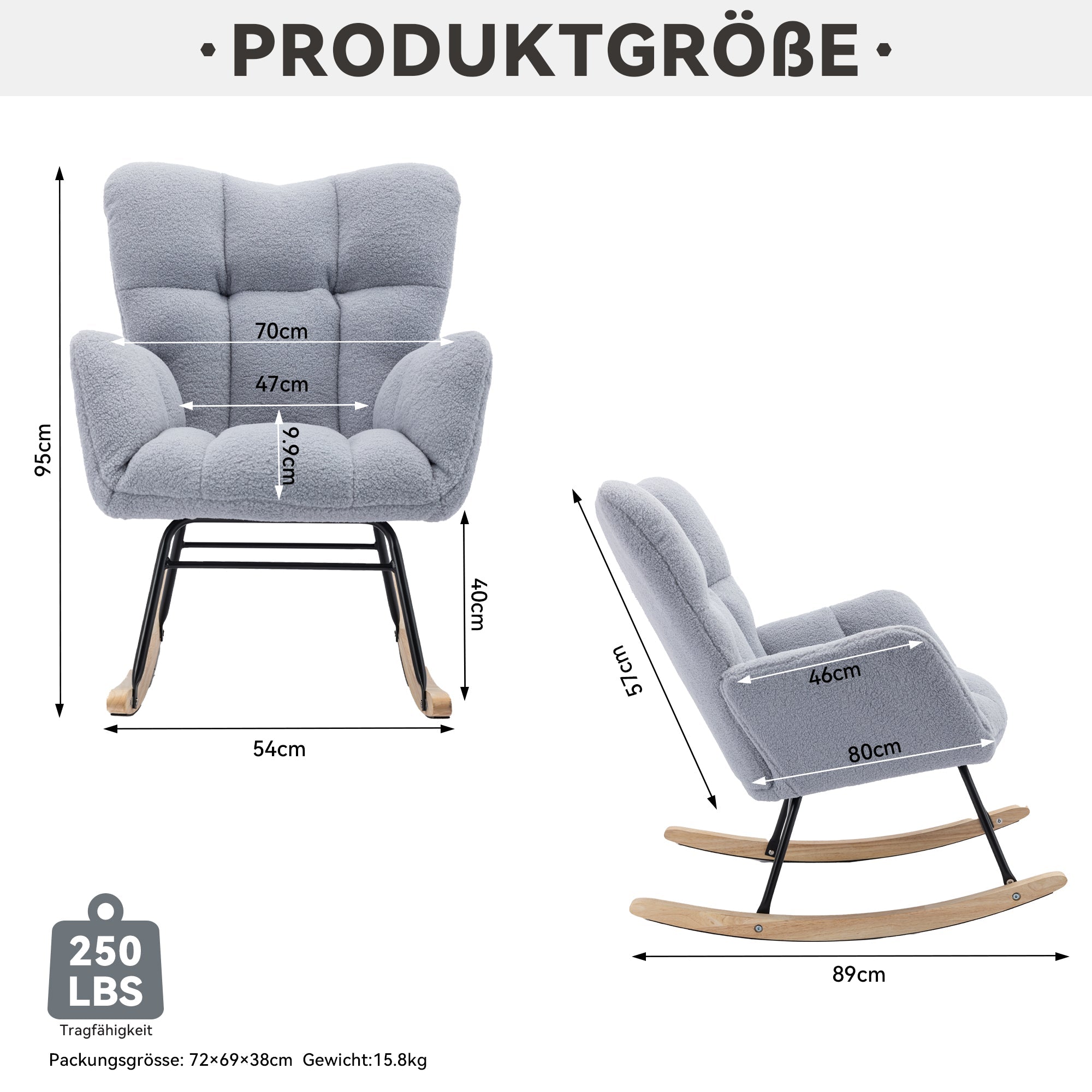 Mid century modern rocking chair with tufted cover and padded seat, light grey