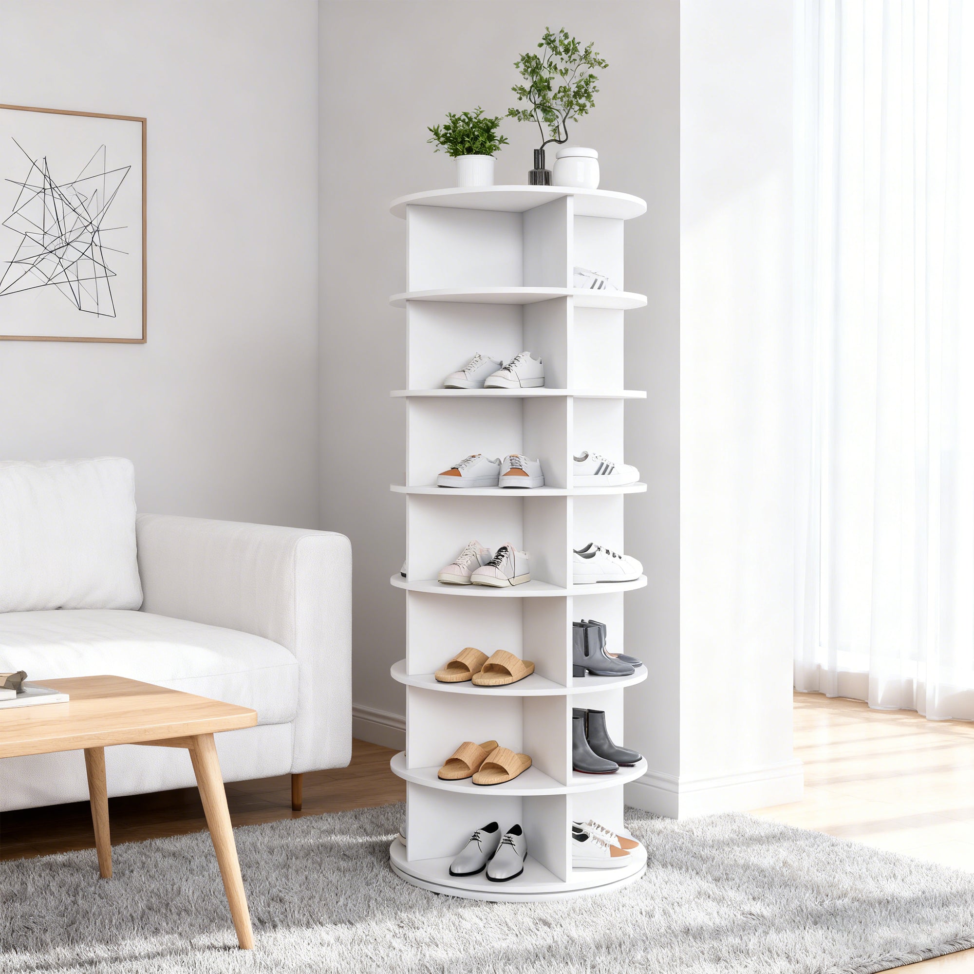Shoe Rack Tower 7-Tier 360° Rotatable 28 Pairs - White