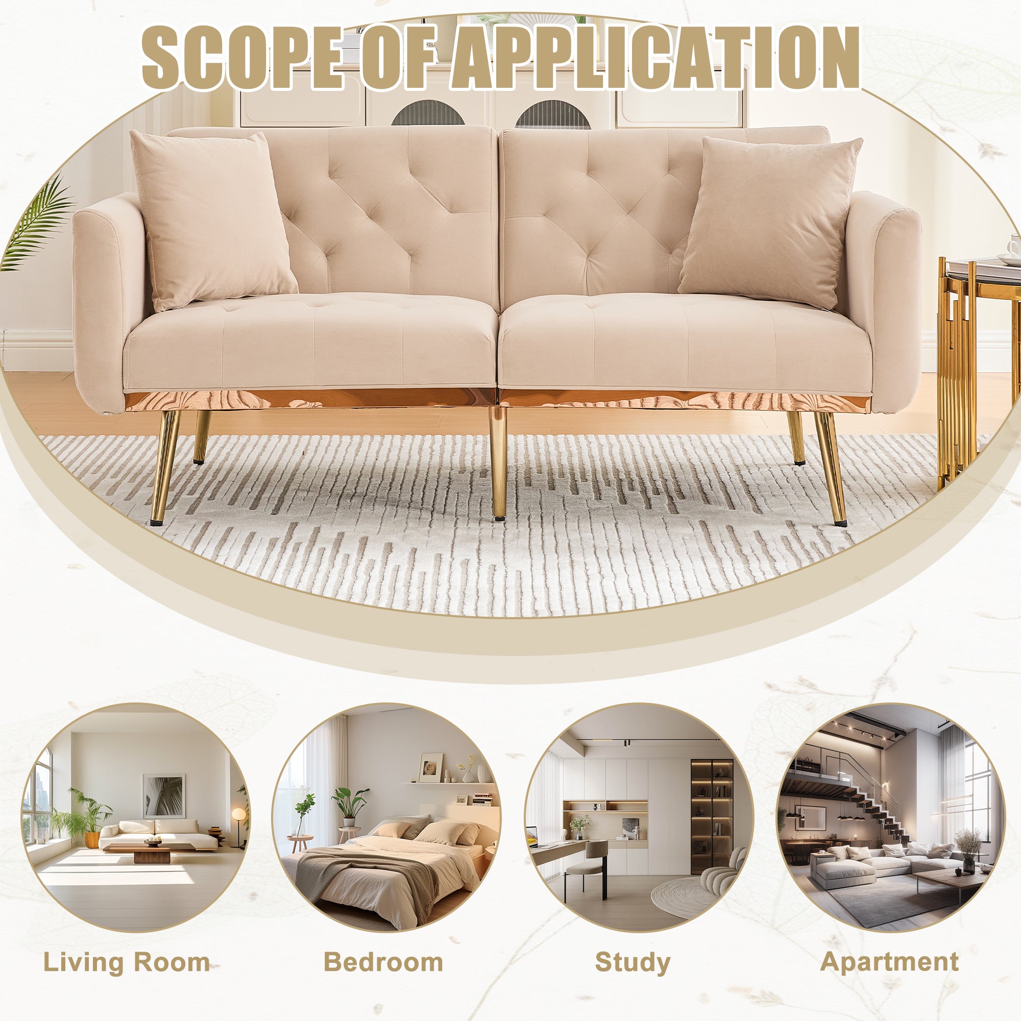 GOMYWAY 2-Seater Sofa 3-Speed Adjustable Backrest Gold Metal Legs Velvet