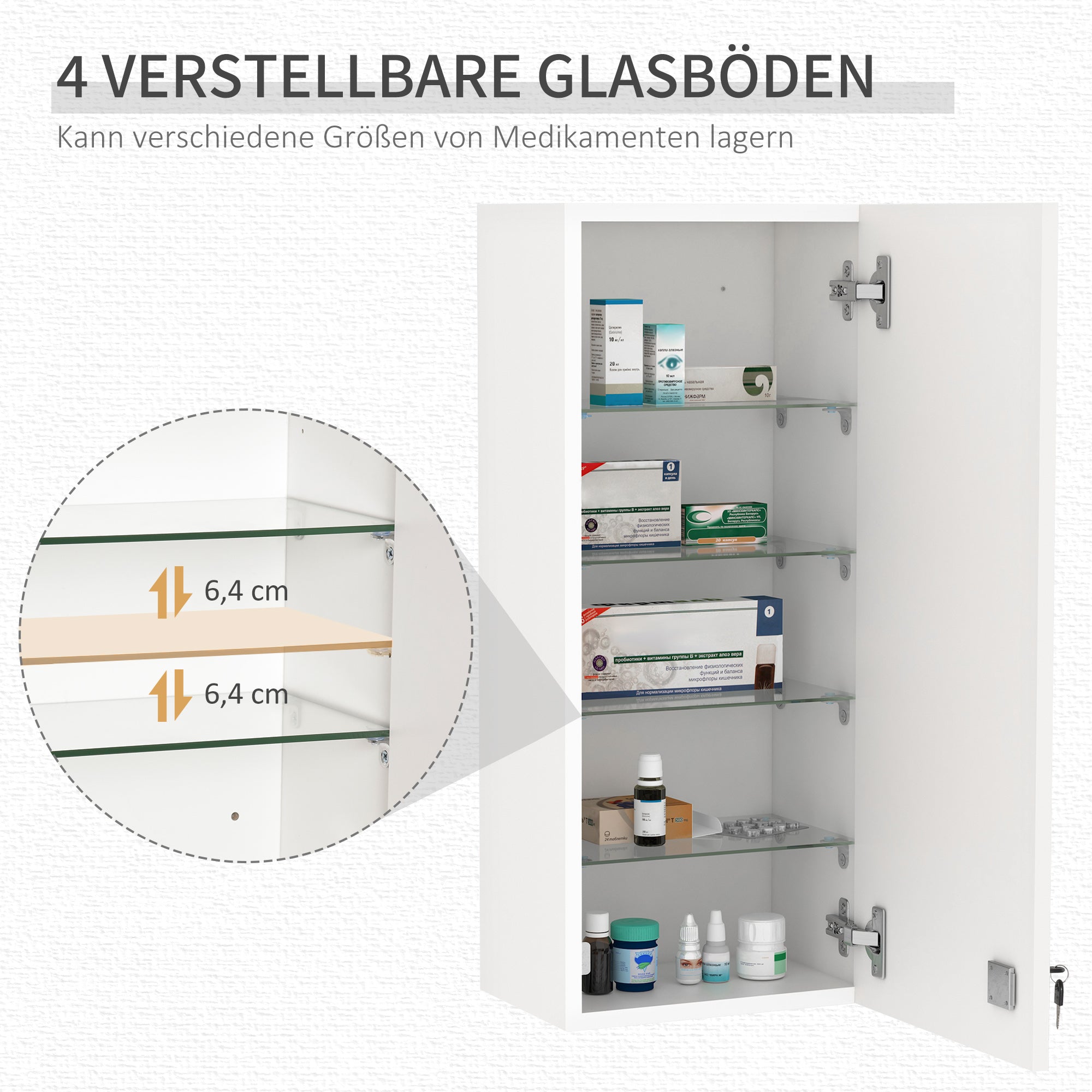 Kleankin Medicine Cabinet Wall Lockable Adjustable First Aid, Silver