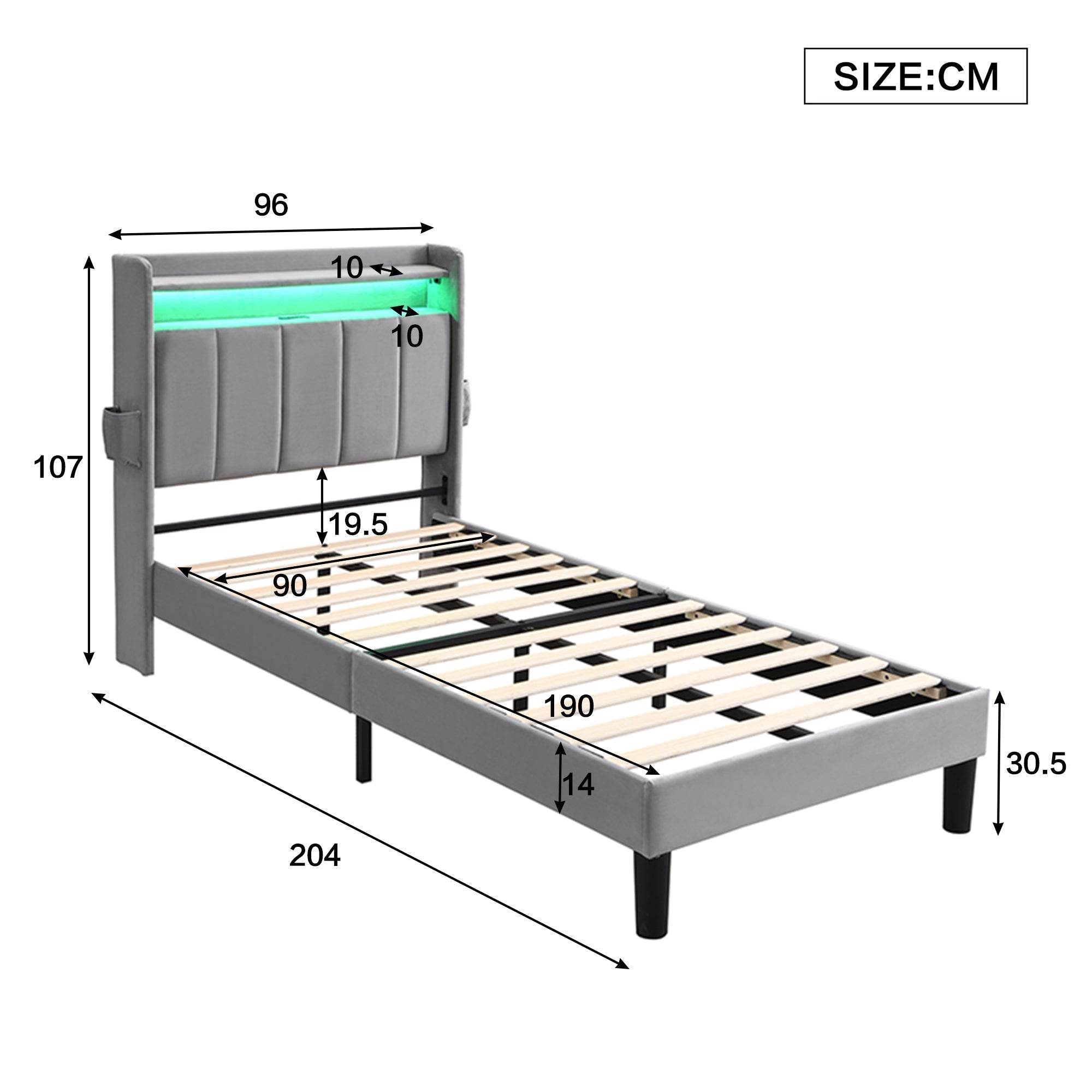 Upholstered Bed, 3FT Single with Storage, LED, USB & Type C, Velvet Grey