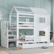 Bunk Bed with Stair Wardrobe, Storage, Window/Roof, 90x200cm, Pine/MDF/Plywood White