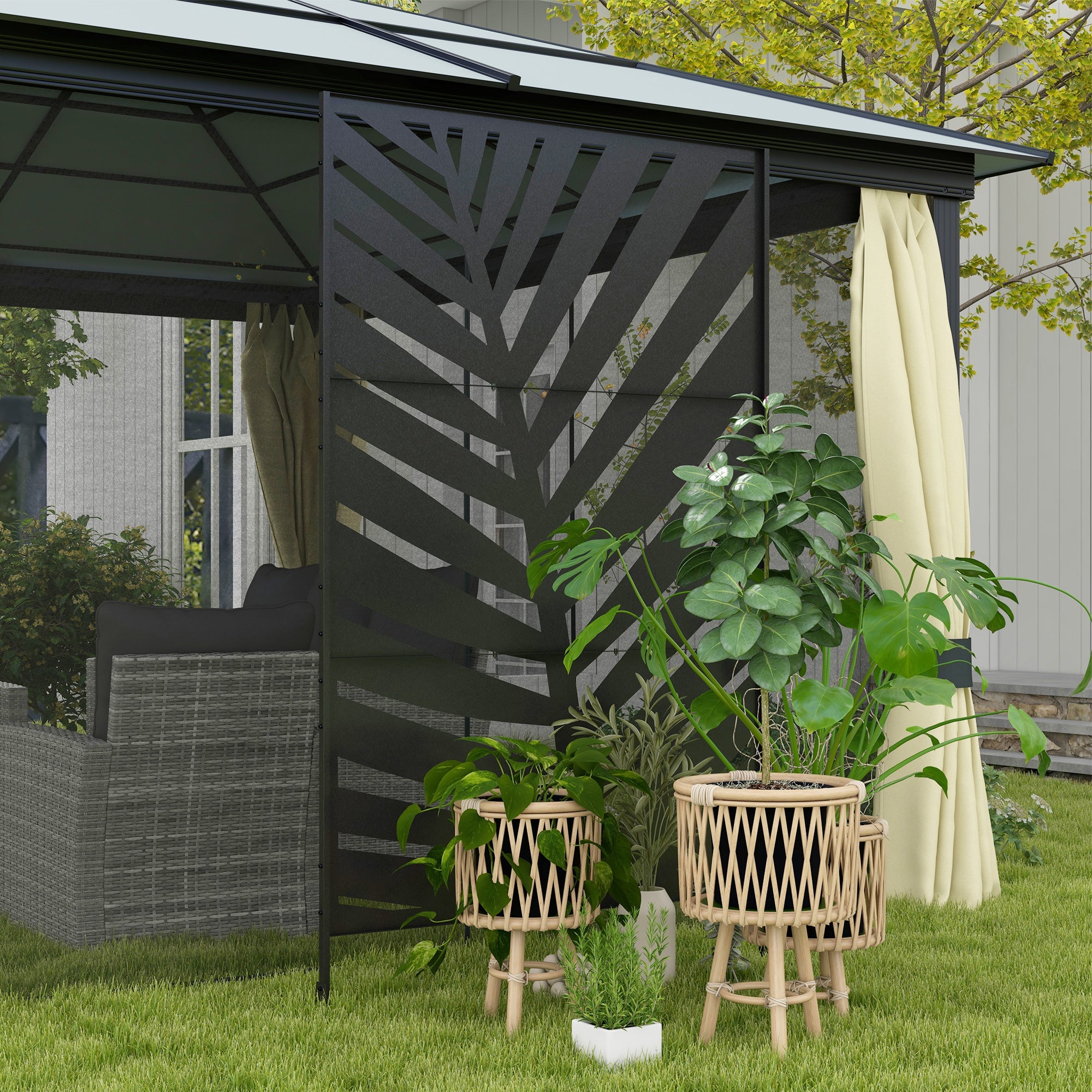 Balcony Privacy Screen Room Divider, Banana Leaf Pattern 122x198cm, Steel Black