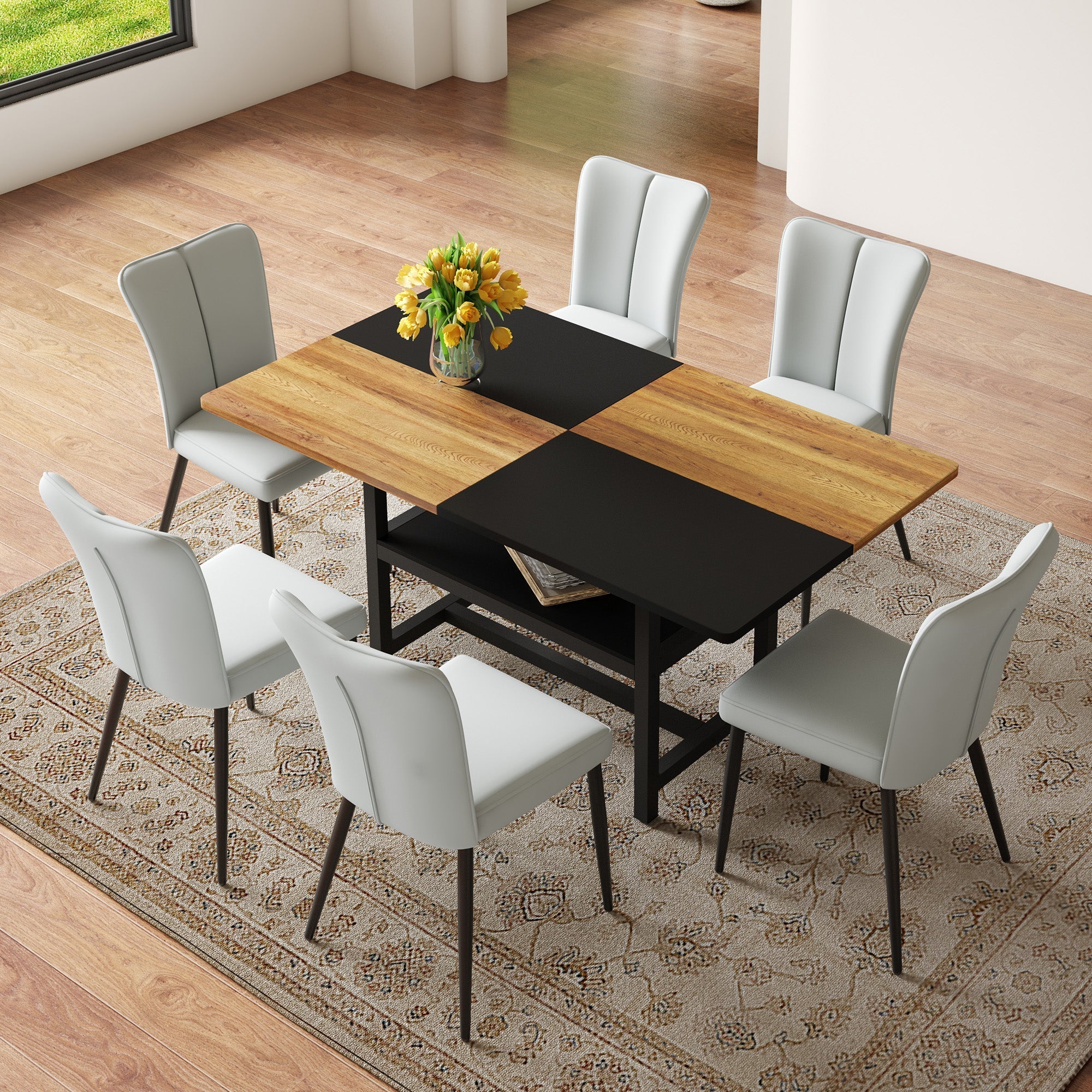 Dining Table Set 160cm Rectangular with Storage & 6 Chairs Light Grey PU Leather/Black Metal