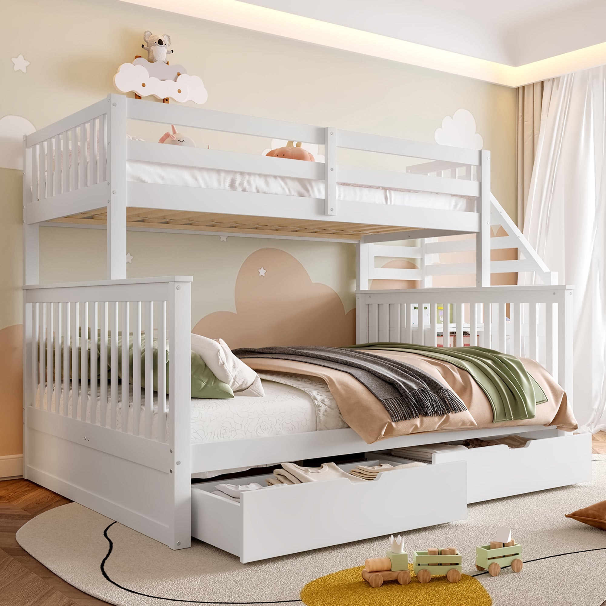Multifunctional Bunk Bed with Storage Drawers, 90x200cm over 140x200cm, White