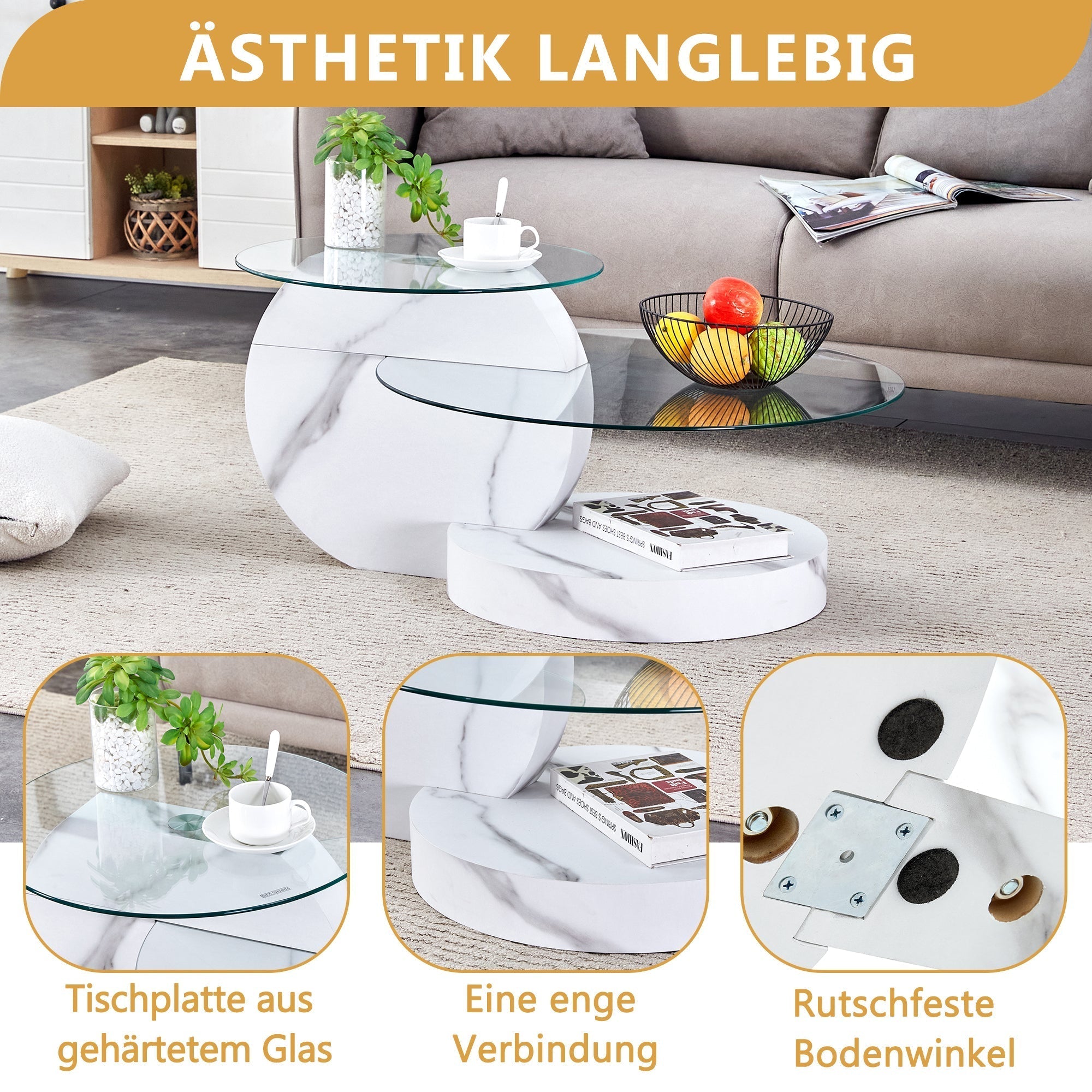 Modern Coffee Table Double-Layered Safety Glass Multi-Tiered White Marble Effect MDF