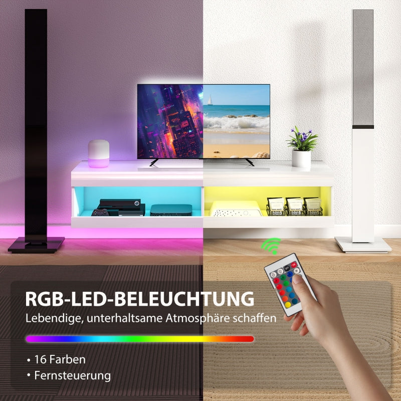 TV Cabinet 140cm Wall-Mounted Lowboard RGB LED Lighting Open Storage High-Gloss White