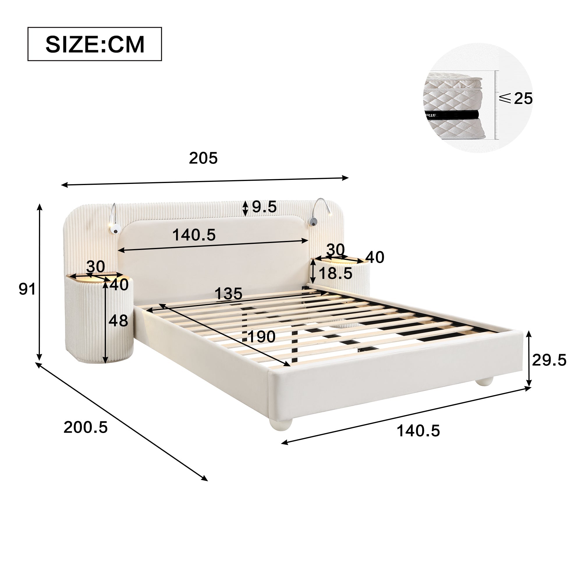 Upholstered Bed 4ft6 Double with Bedside Light and Table, Beige Velvet