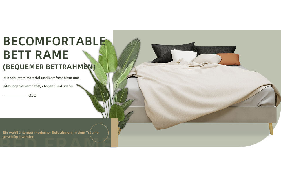 Modern Minimalist Bed Frame, Low-Profile 160x200 cm, Beige Dutch Velvet