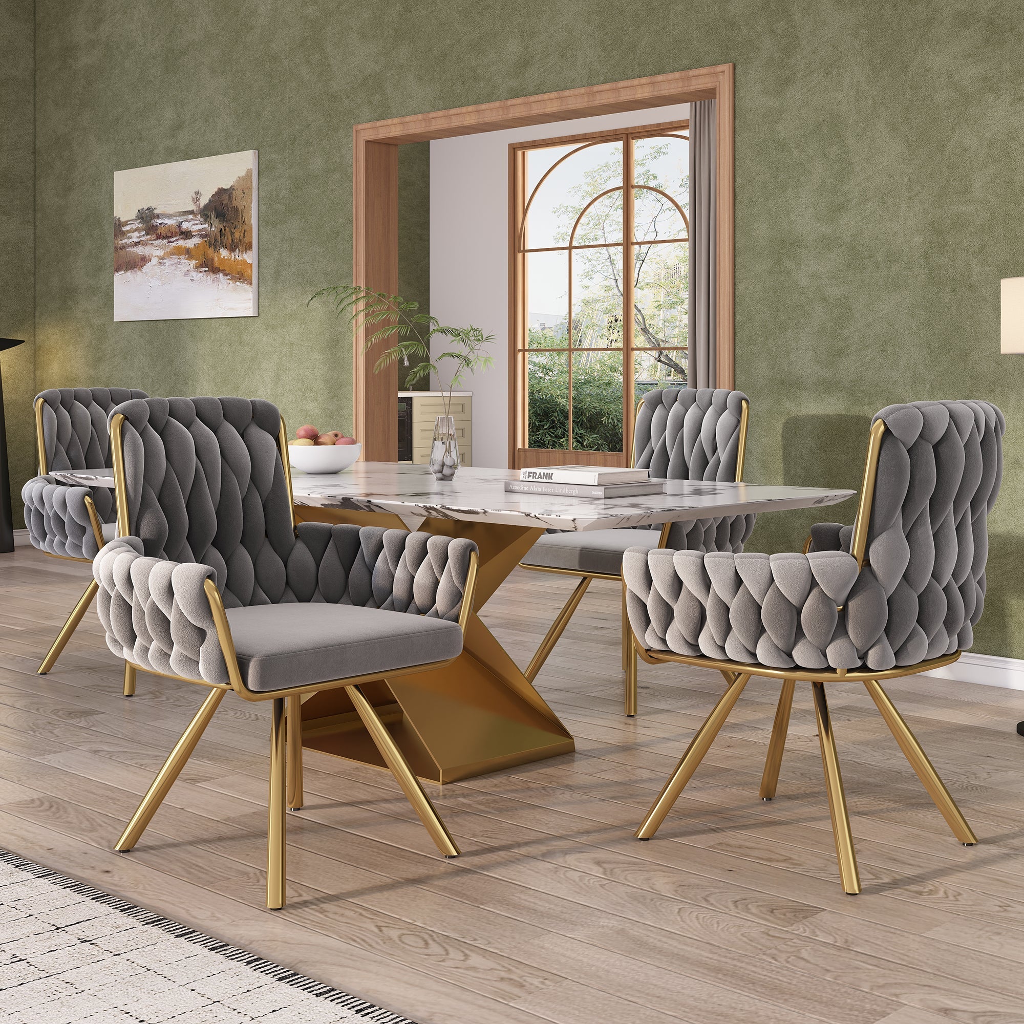 Velvet Dining Chair, Luxury Swivel Armchair with Four Metal Support Legs, Grey