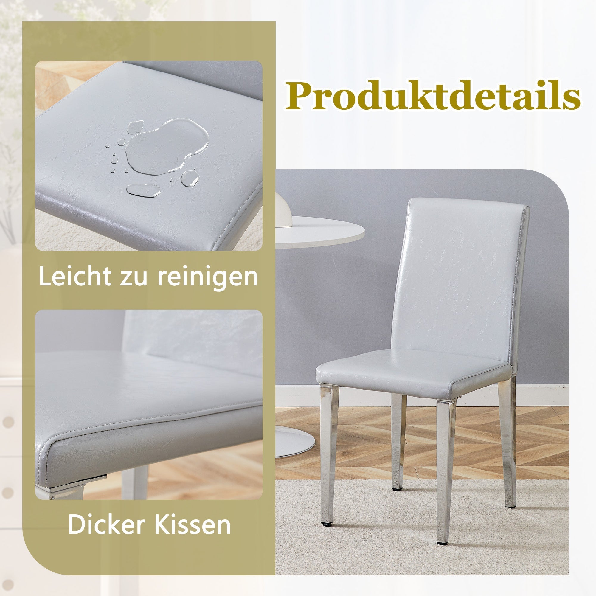 Minimalist Dining Chairs Set of 2, Ergonomic PU Leather with Metal Legs, Grey and Silver