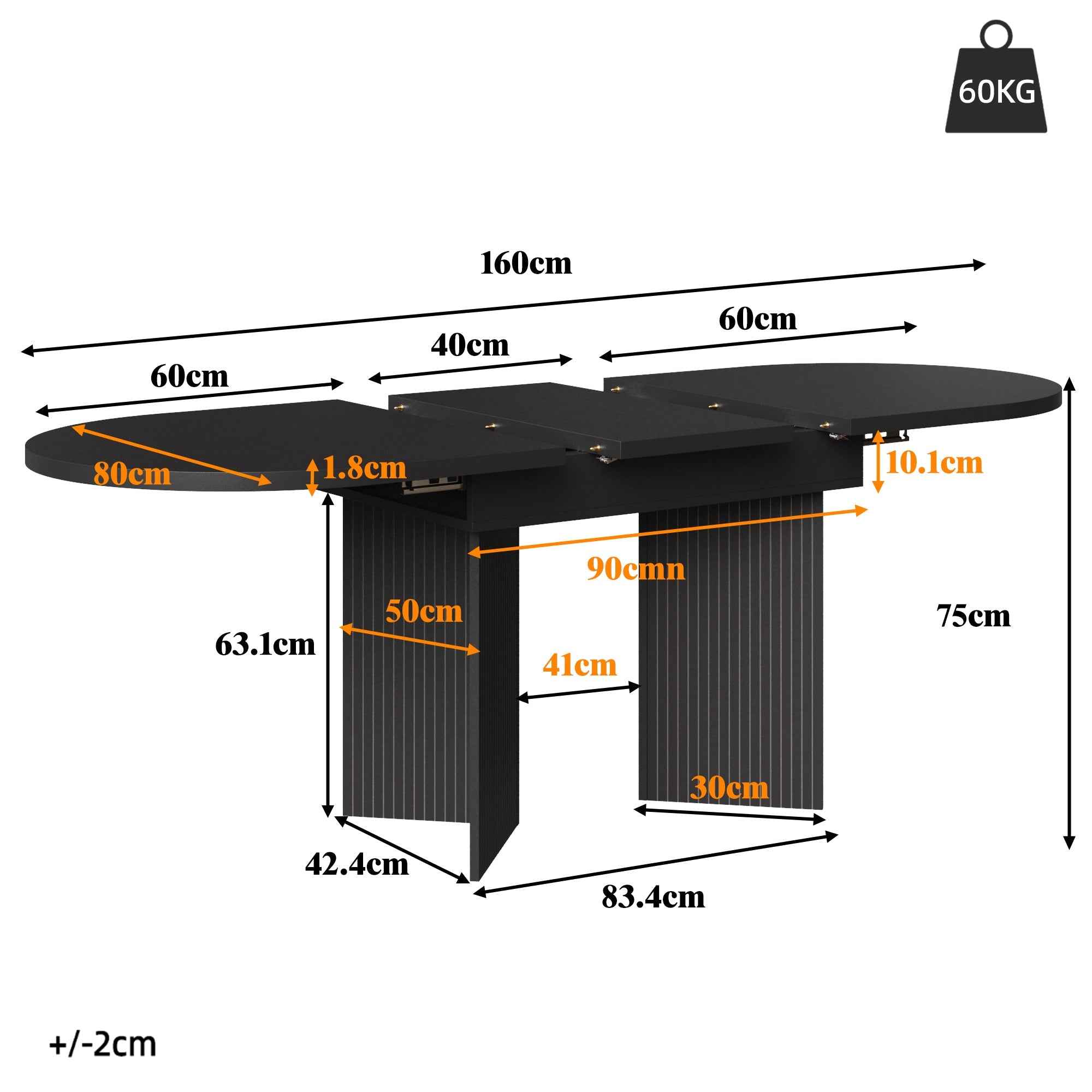 Extendable Dining Table with Internal Extension Leaves, 120-160cm, Black