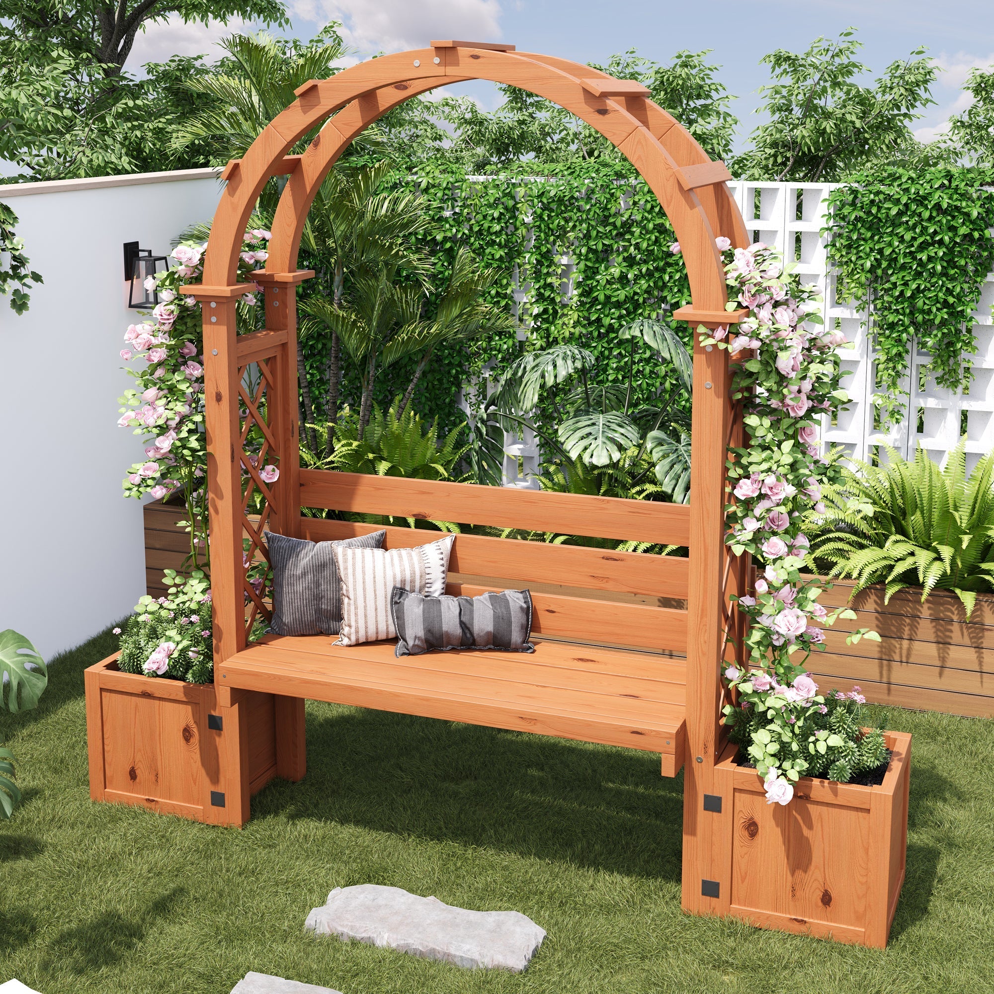 Planter Box with Trellis and Bench for Garden and Yard, Natural Wood