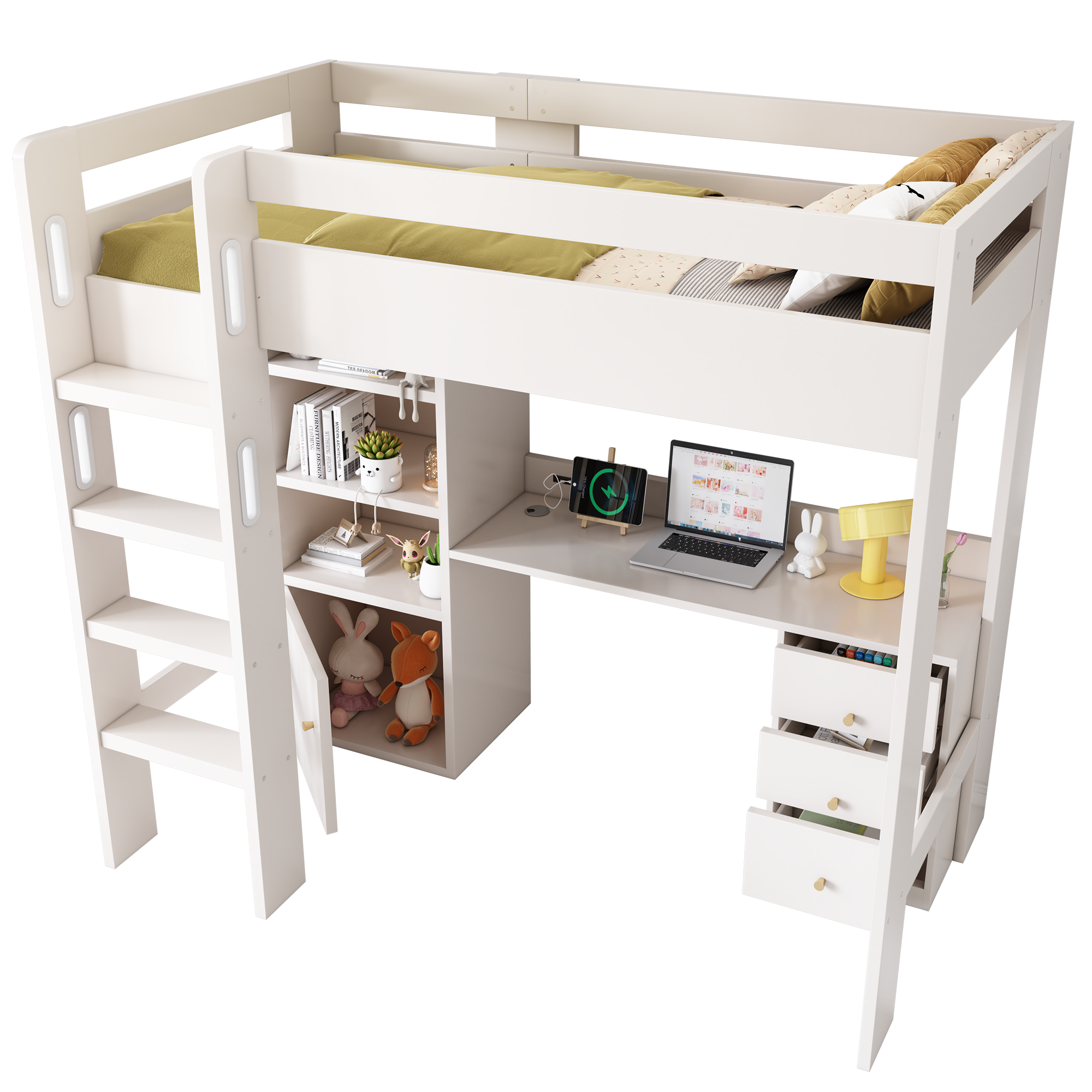Children's Loft Bed, USB-C Desk, Wardrobe, Filing Cabinet, Stairs, Slatted Frame, Storage, 90x200