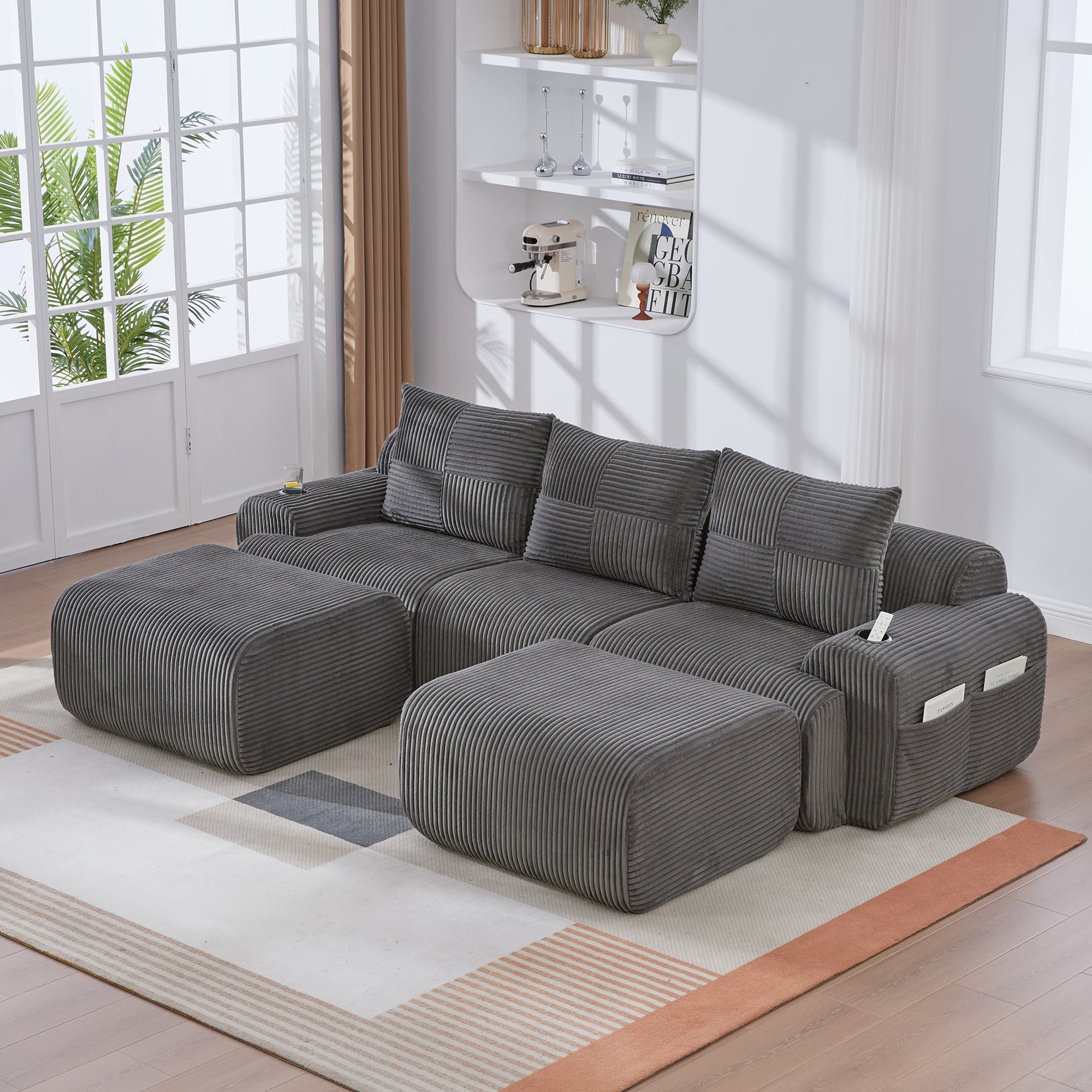 Modular Corduroy Sofa - 3-Seater with 2 Ottomans, Cup Holders, Storage Pocket - Dark Grey