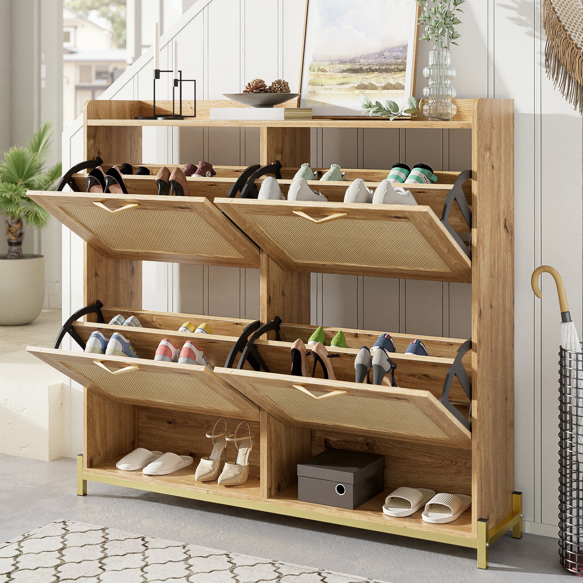 Elegant Shoe Cabinet 4 Doors Metal Frame Top Shelf Wooden Rattan