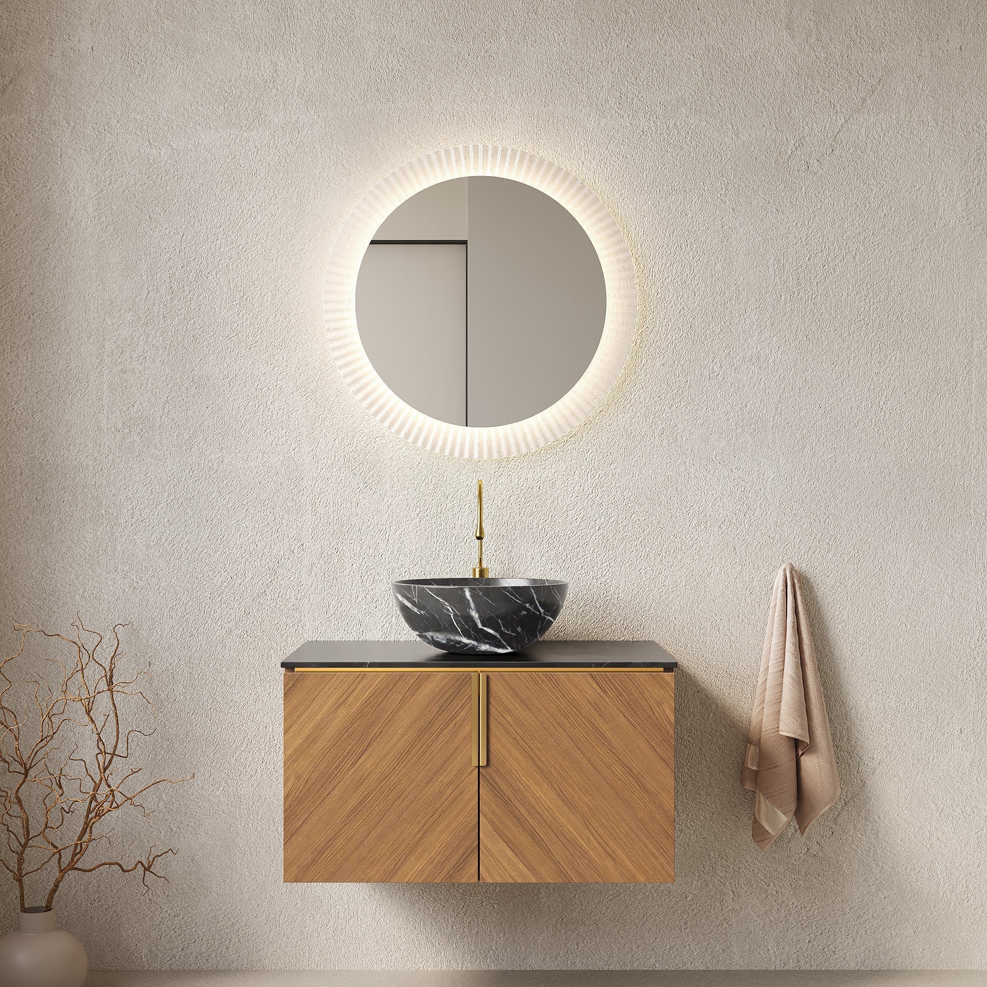 ARAI 76cm Wall Mount Bathroom Vanity with Black Bowl, Stone Pattern Ceramic Basin, Black Sintered Stone Countertop, Plywood Cabinet with 2 Doors, Espresso Wood Grain