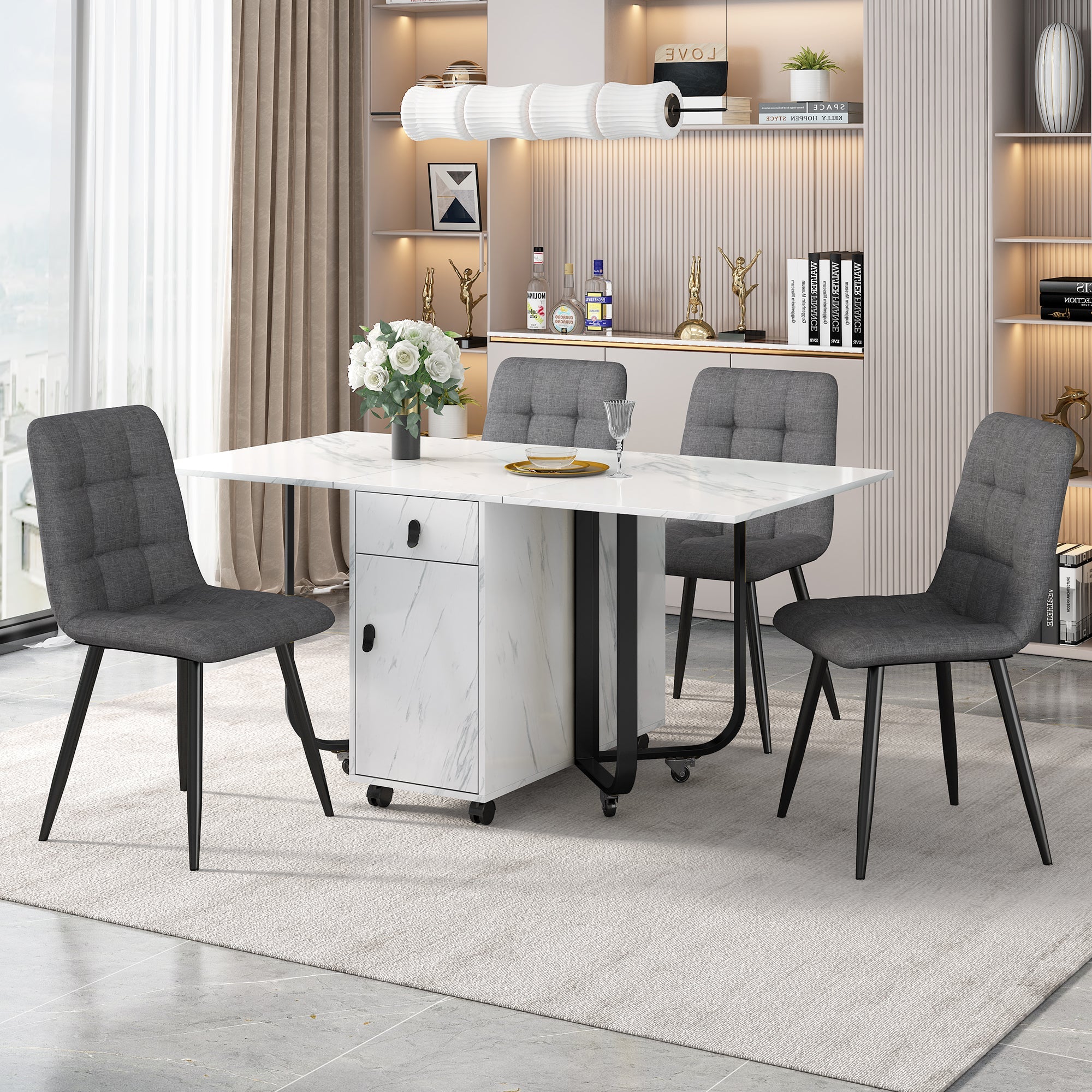Dining Set 5-Piece Folding Kitchen Table Upholstered Linen Chair White MDF/Black Legs