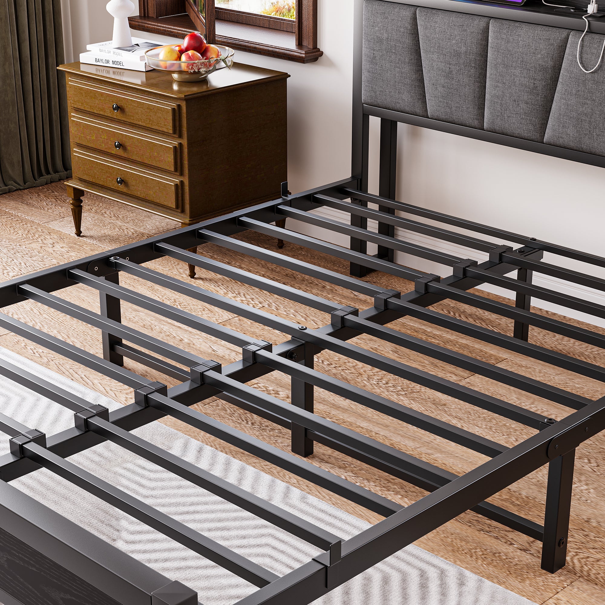 Bed Frame 140x190cm, Smart LED Lights, USB Charging Headboard, Metal