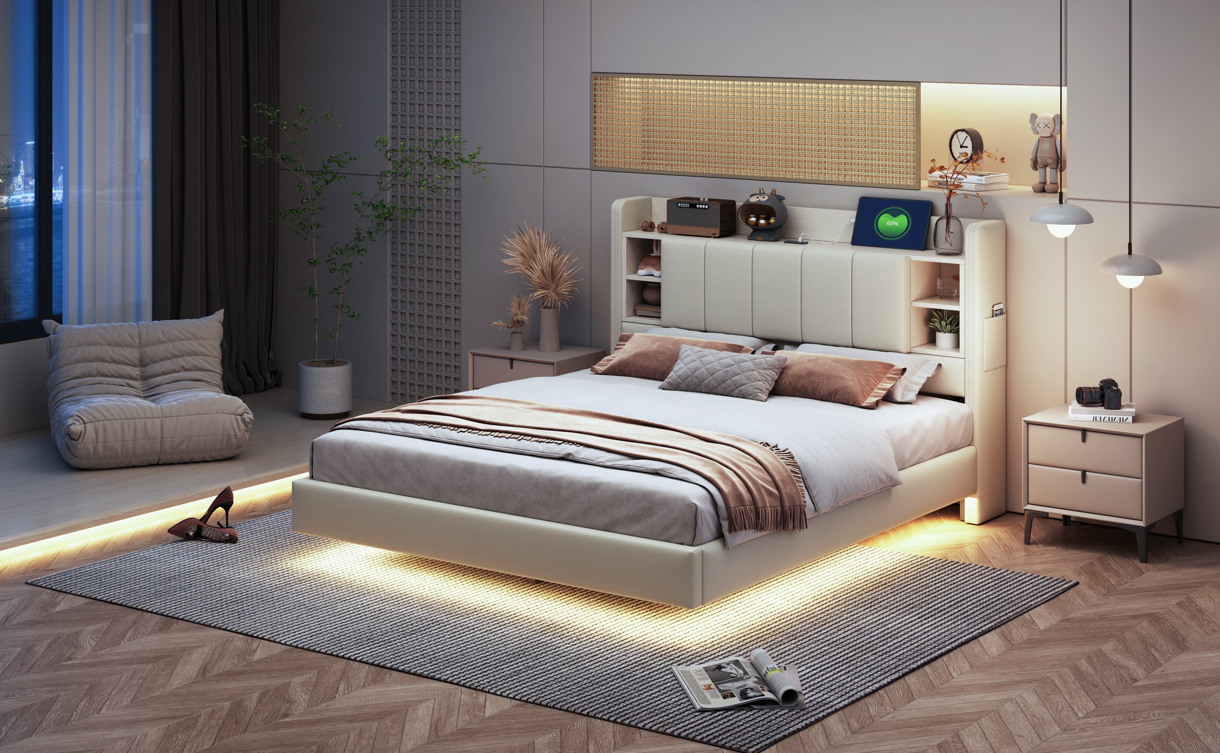 Upholstered Bed 140 x 200 cm, USB, Light Strip, Reversible Headboard, Storage, Metal Frame, Linen Fabric, Beige