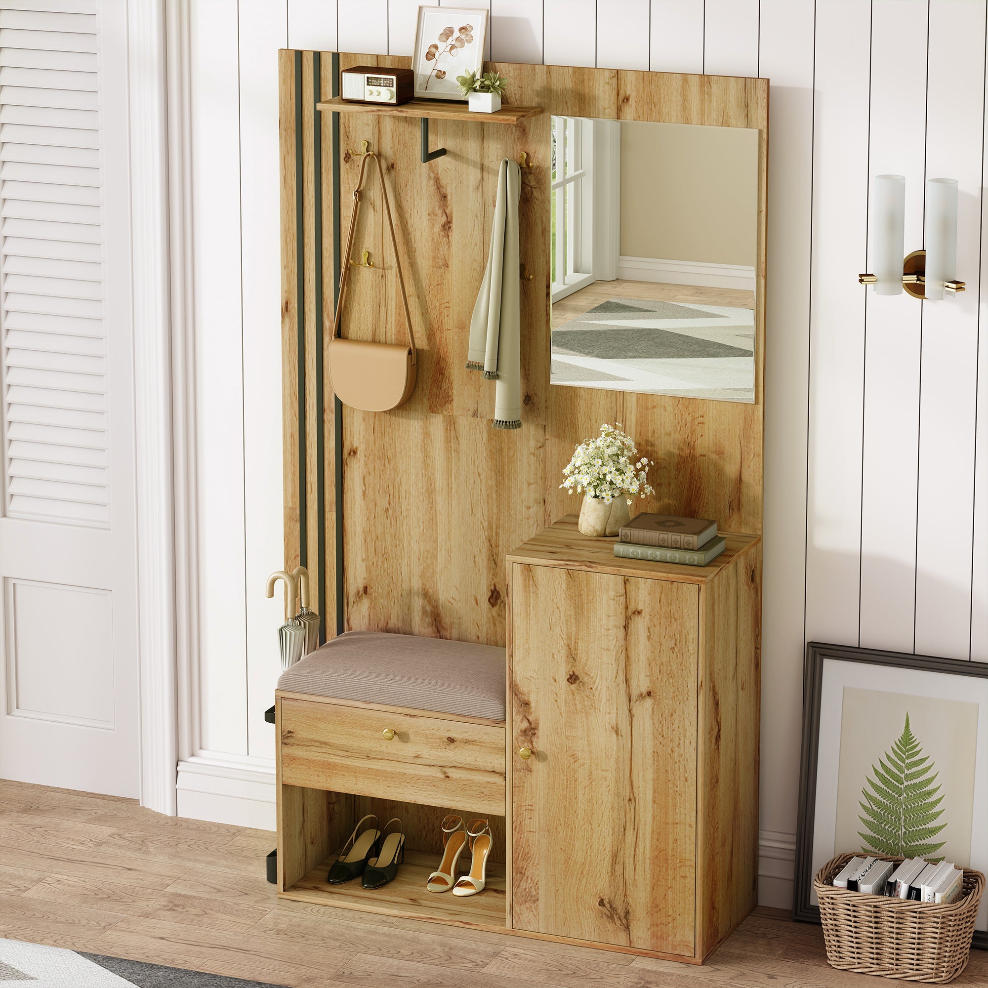 Wardrobe Set, Compact Hallway with Mirror & Cushion, Black Trim