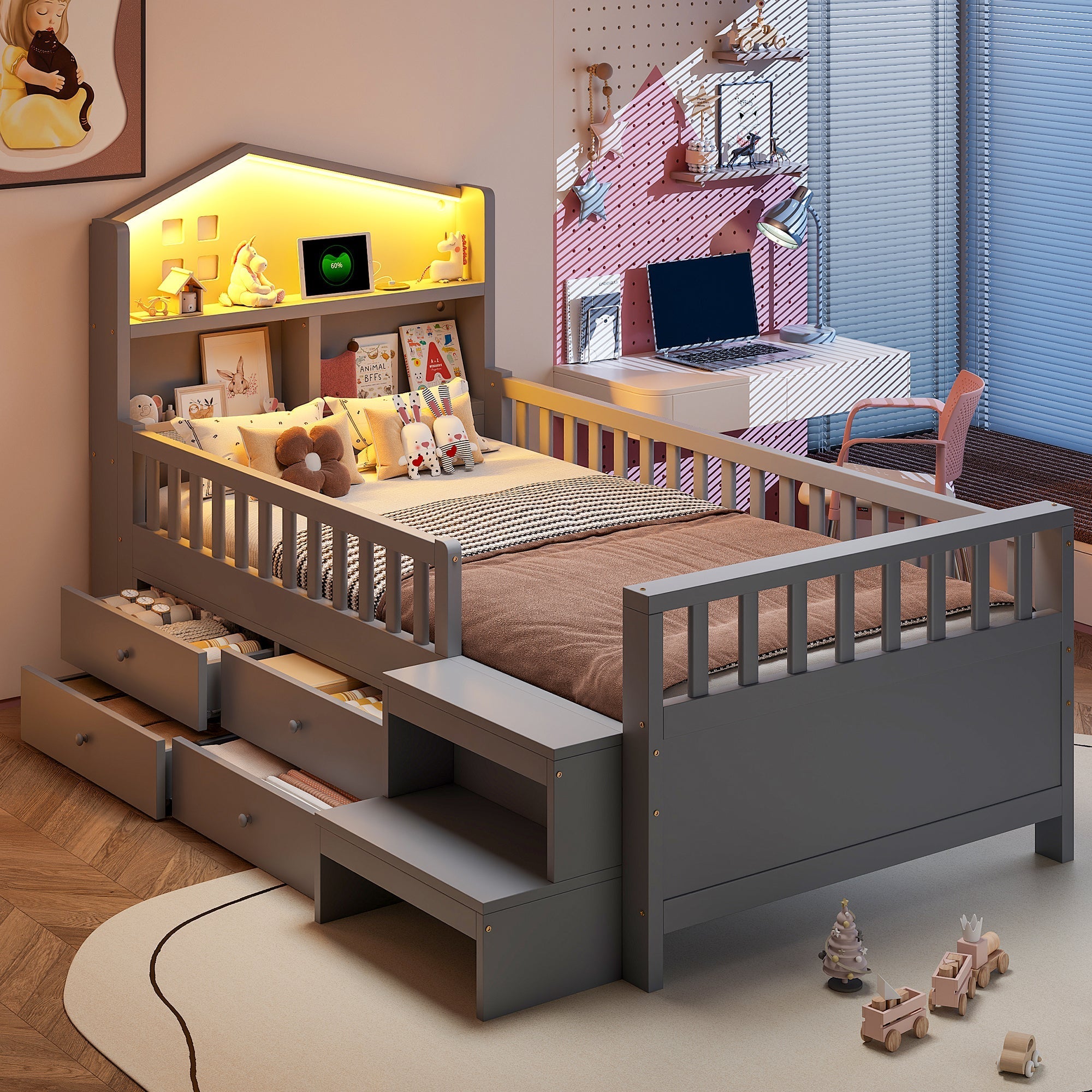 Children's Bed with 4 Drawers, LED Lights, USB and Type-C Charging Ports, 90x200cm, Grey Solid Wood