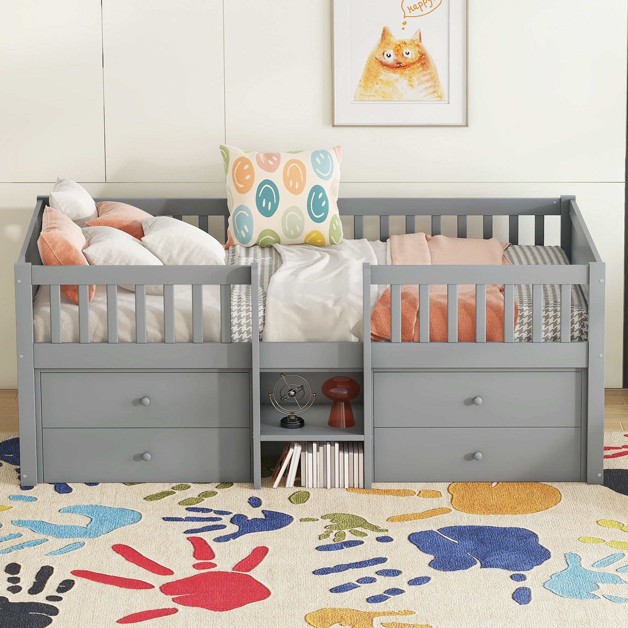 Mid-height Bed 90x200cm 4 Drawers Ladder - Pine Wood Grey