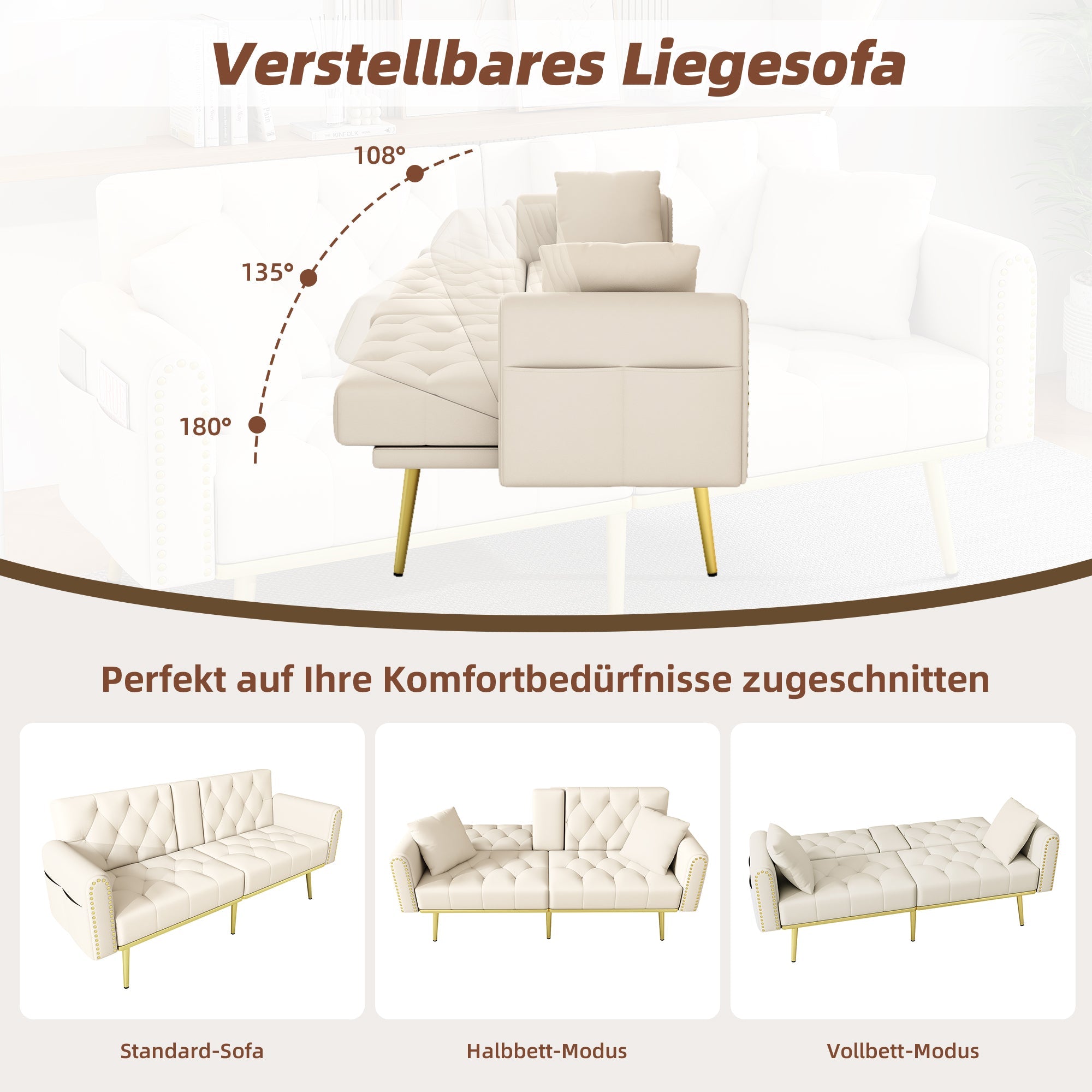 Sofa Bed Double Fold-Out Reclining Cup Holders - Fabric Beige