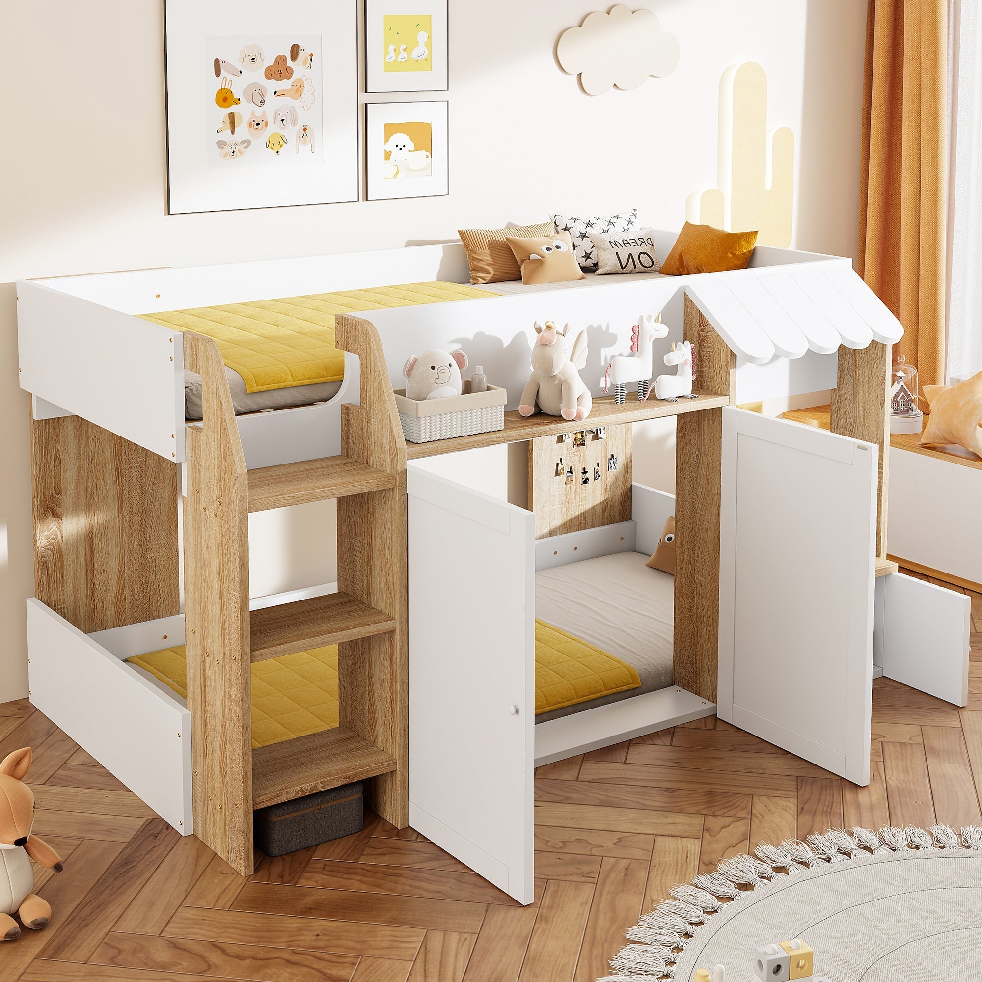 Children's House Bed 90x200 Mid-Height Storage Climbing Ladder - Solid Wood White/Natural