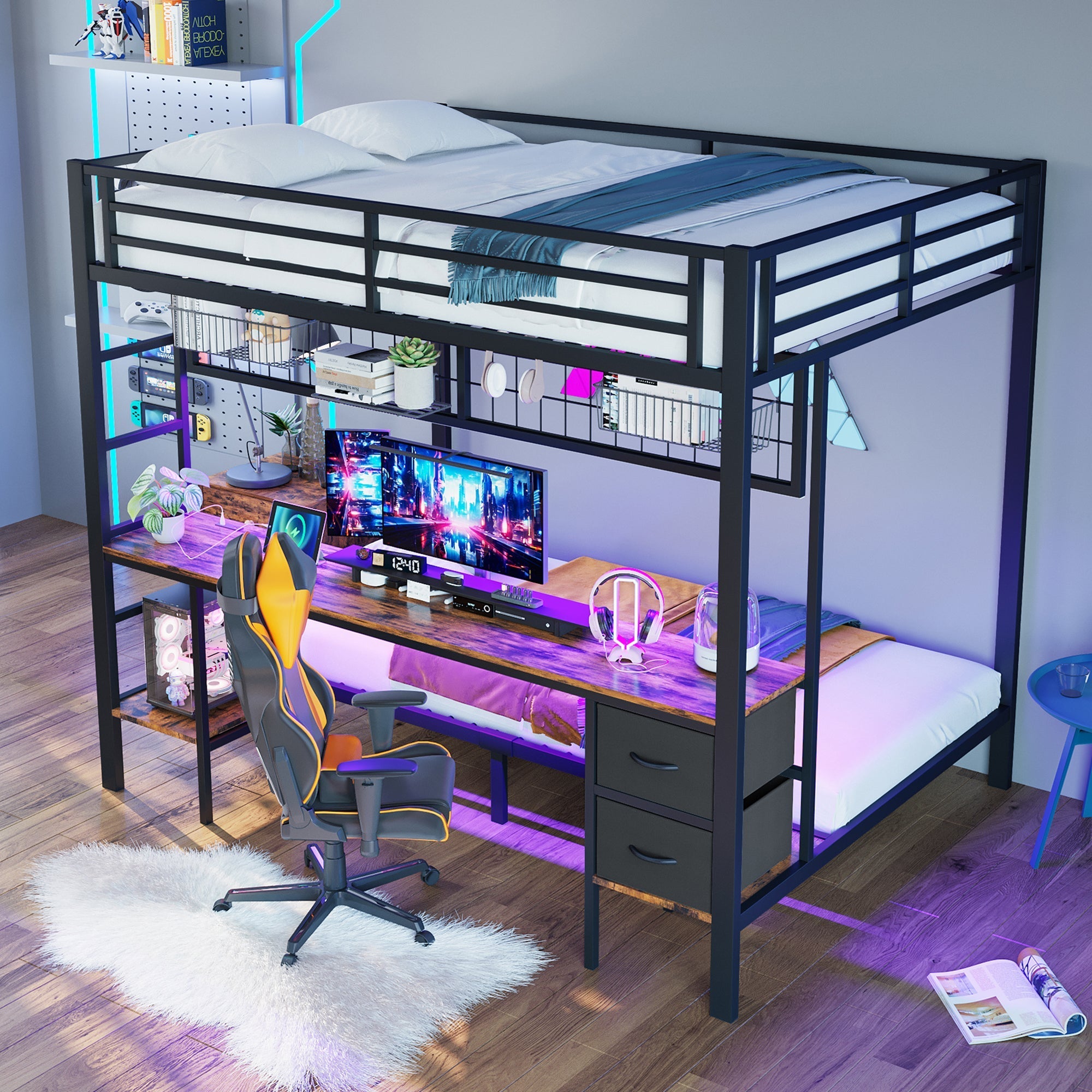 Loft Bed 90x200/140x200 Iron Frame Drawers Desk Storage LED USB Black