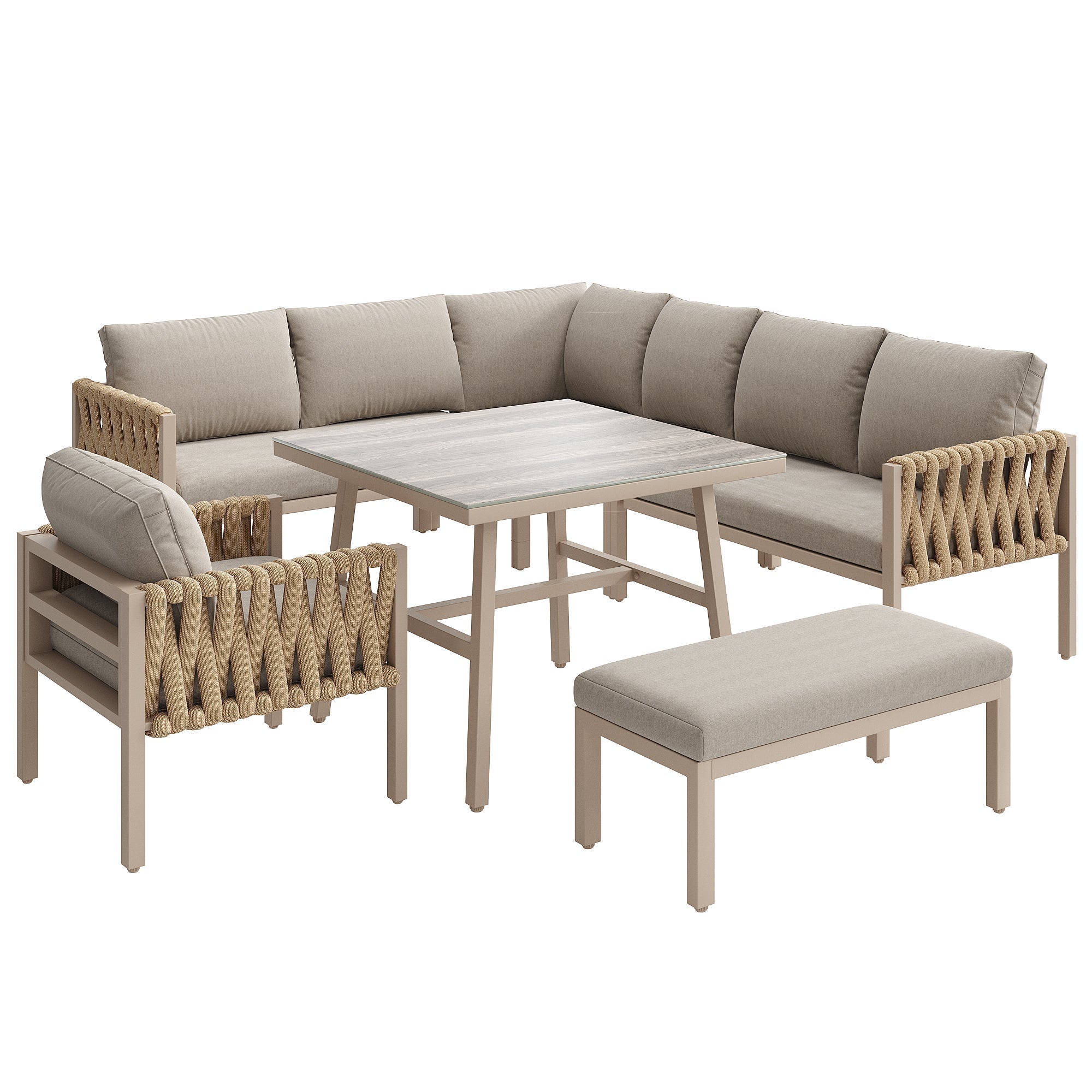 Rope Garden Furniture Set Corner Sofa Adjustable Legs Tempered Glass Beige