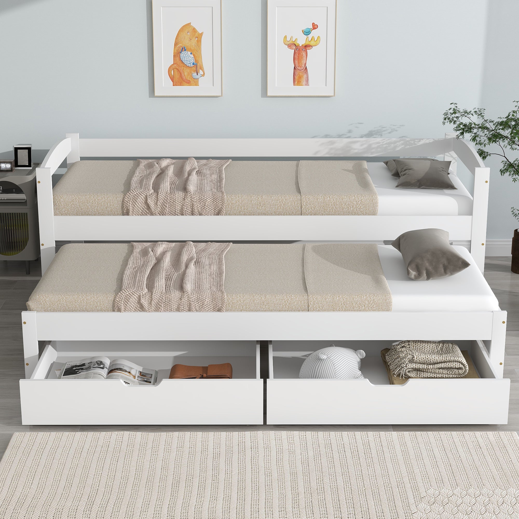 Daybed Single/Double Sliding Bed with 2 MDF Drawers, Solid Wood Frame, White