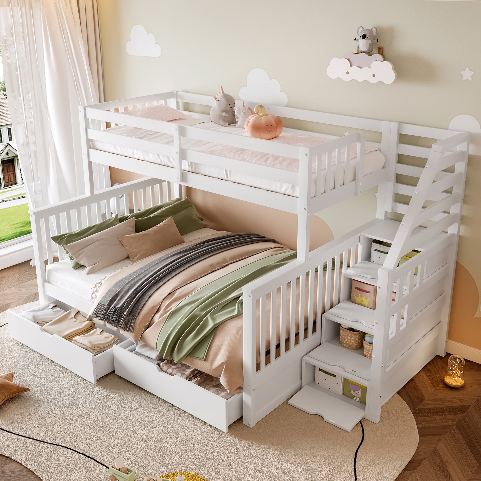 Multifunctional Bunk Bed with Storage Drawers, 90x200cm over 140x200cm, White